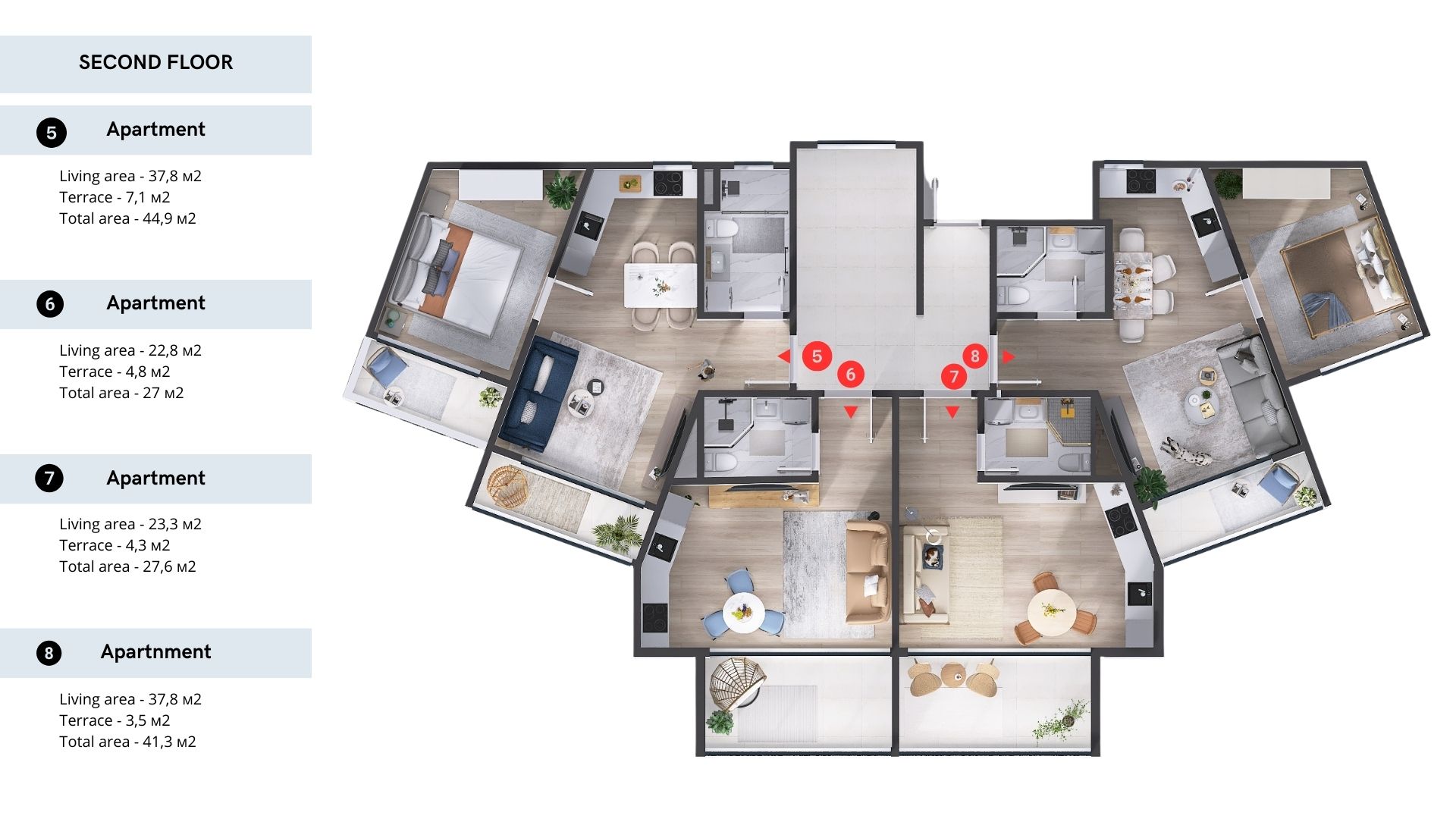 Plan du deuxième étage d’un complexe résidentiel à Tivat, Monténégro : 4 appartements avec terrasses, mobilier et finitions complètes.