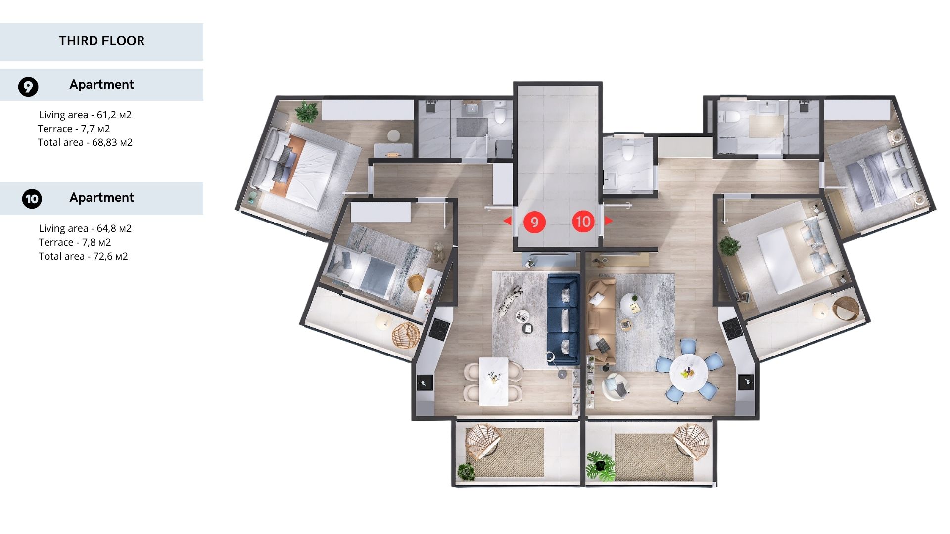 Plan des appartements de 61 à 72 m2 avec terrasses dans un complexe résidentiel, Tivat, Monténégro : vue de dessus avec mobilier et finitions.