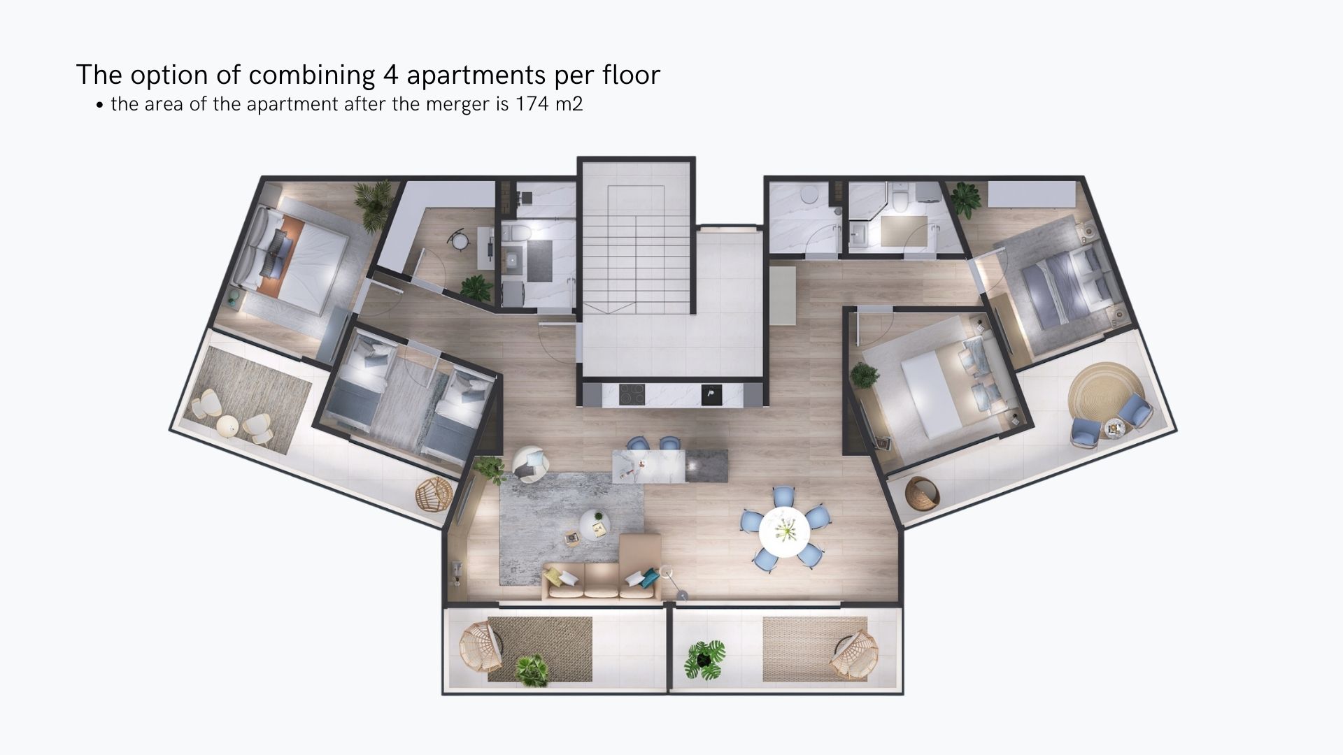 Plan d’aménagement de l’union de 4 appartements d’une superficie de 174 m² dans un complexe résidentiel à Tivat, Monténégro : vue de dessus avec mobilier.