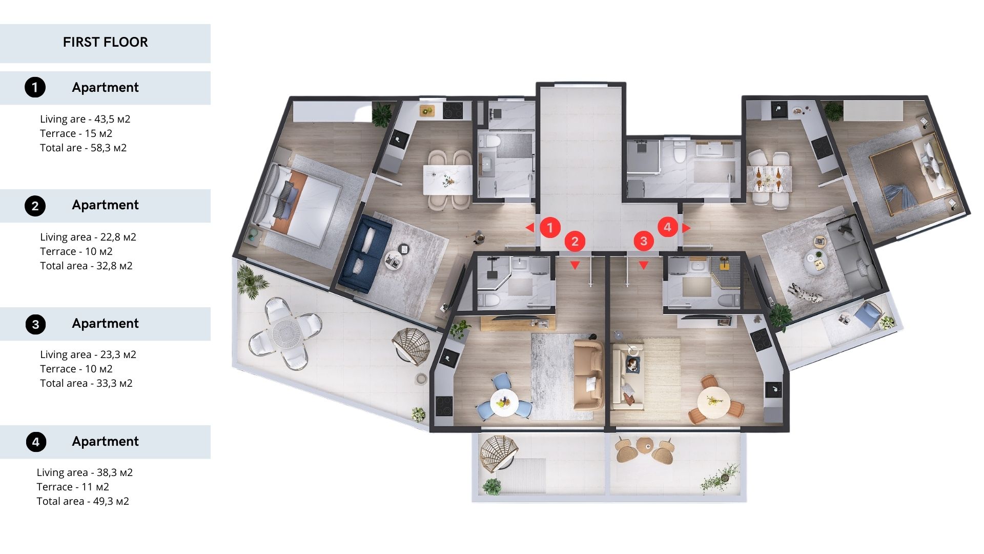 Plan d’étage d’un complexe résidentiel à Tivat, Monténégro : schéma 3D de quatre appartements avec mobilier et terrasses.