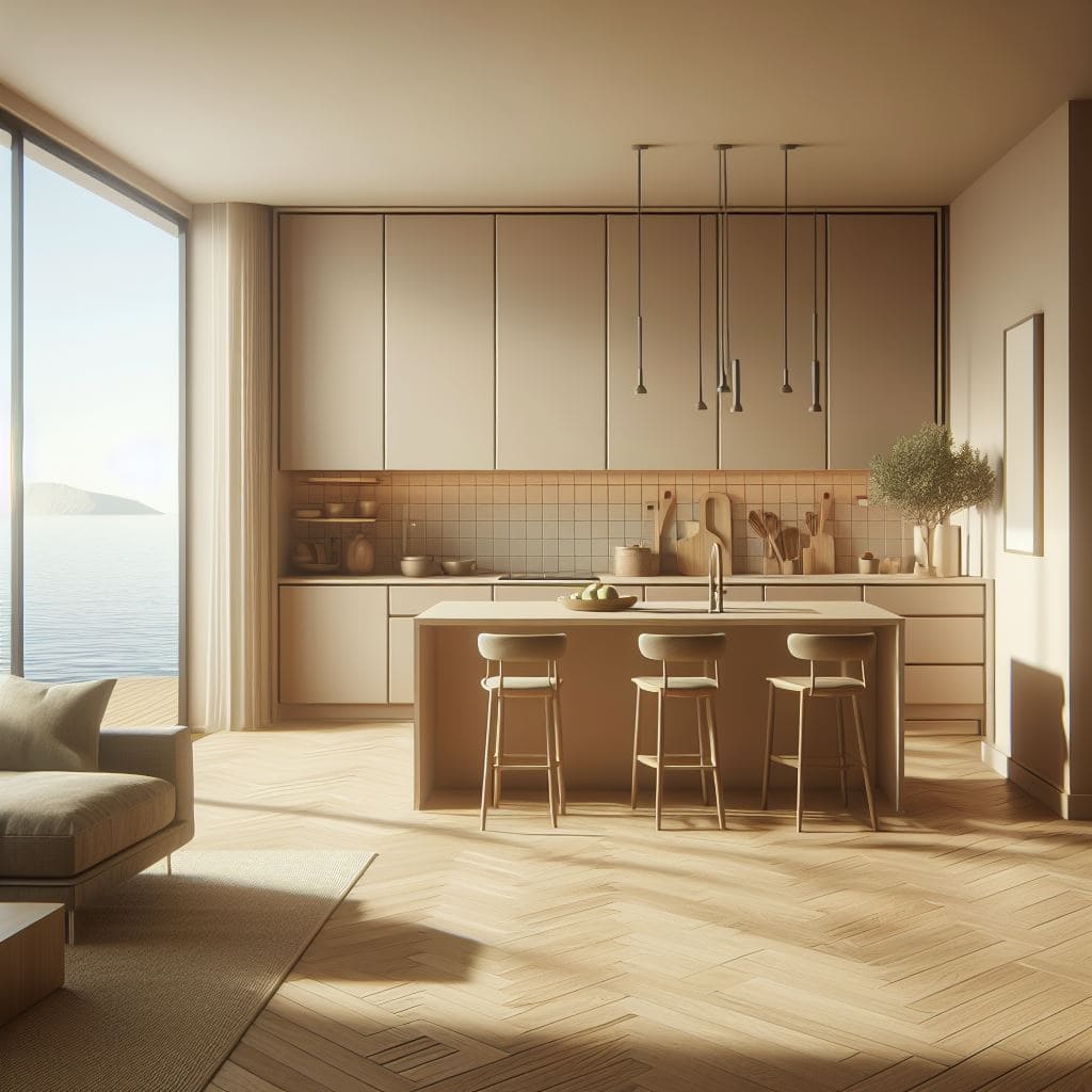 Cuisine moderne avec îlot et vue sur la mer dans le complexe résidentiel de Tivat, Monténégro : intérieur lumineux, parquet, décoration.