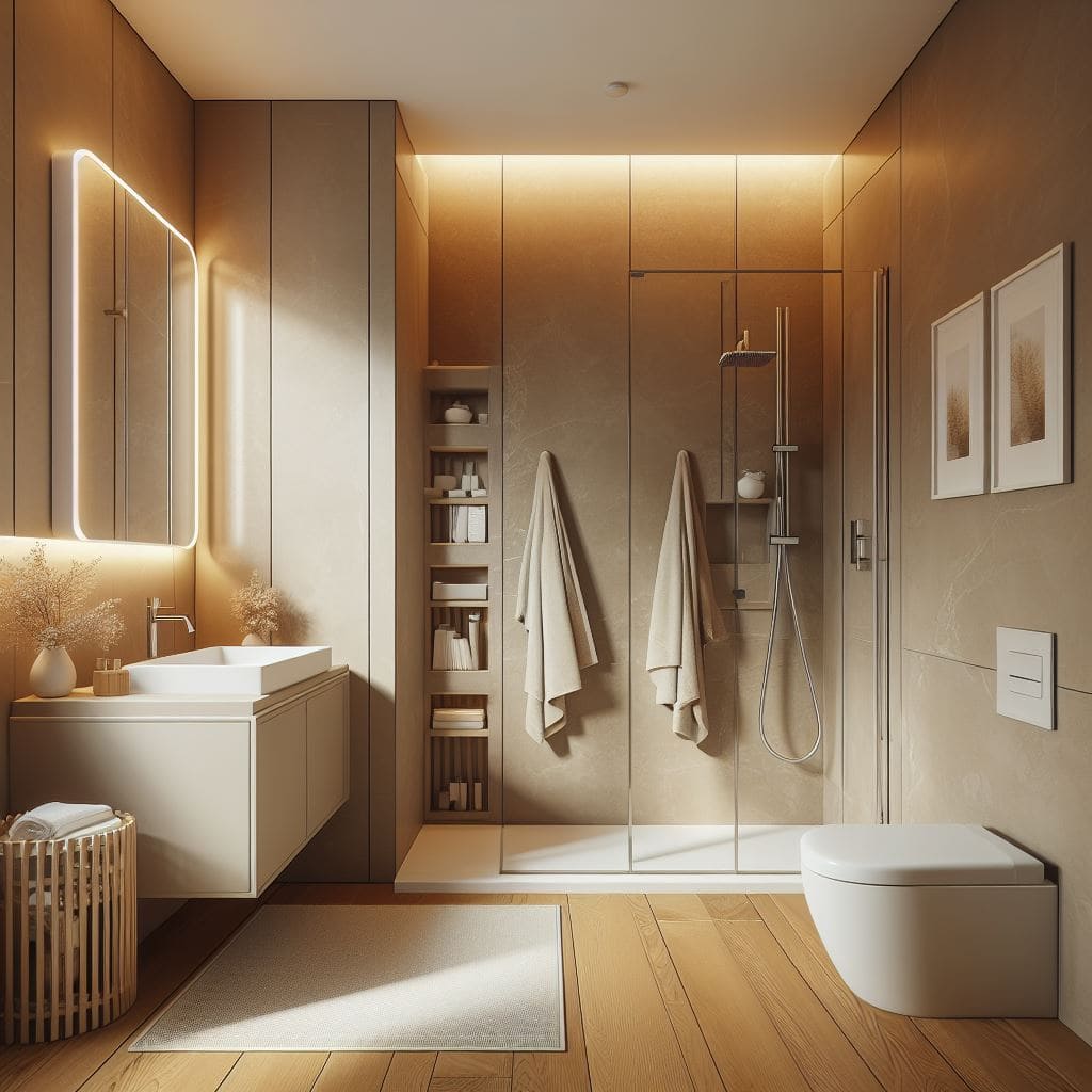 Salle de bains moderne dans le complexe résidentiel Tivat, Monténégro : cabine de douche, meuble suspendu, miroir éclairé et décoration.