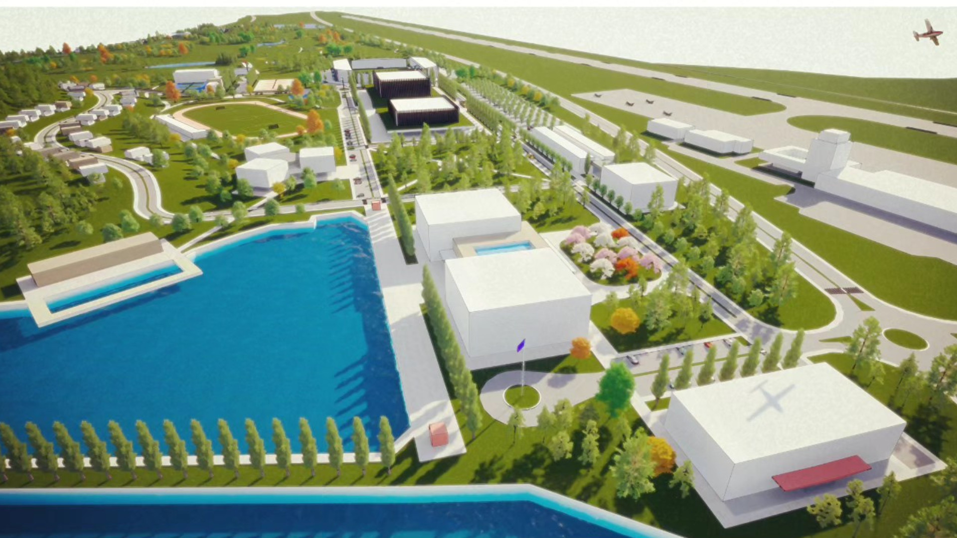Plan général du complexe résidentiel à Tivat, Monténégro : bâtiments modernes, zone paysagère, piscine et vue sur le lac.