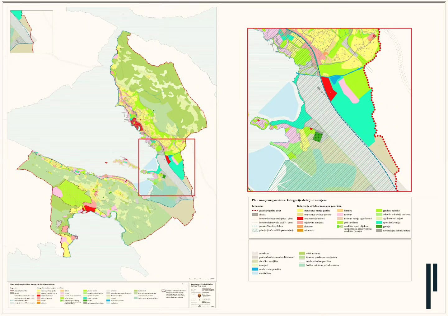 Plan général de zonage du territoire à Tivat, Monténégro : carte de l’affectation fonctionnelle des parcelles.
