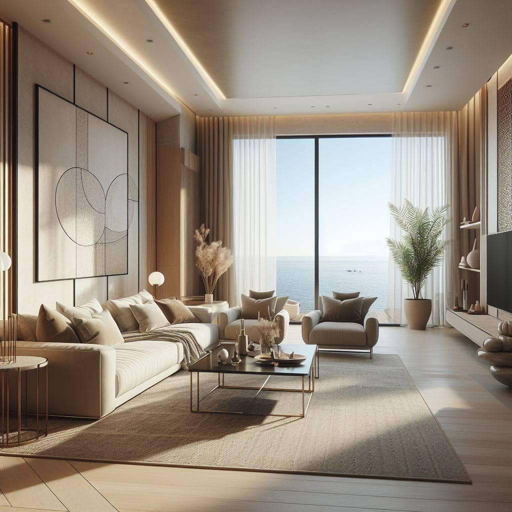 Salon moderne avec vue panoramique sur la mer dans un complexe résidentiel haut de gamme à Tivat, Monténégro, avec mobilier design.