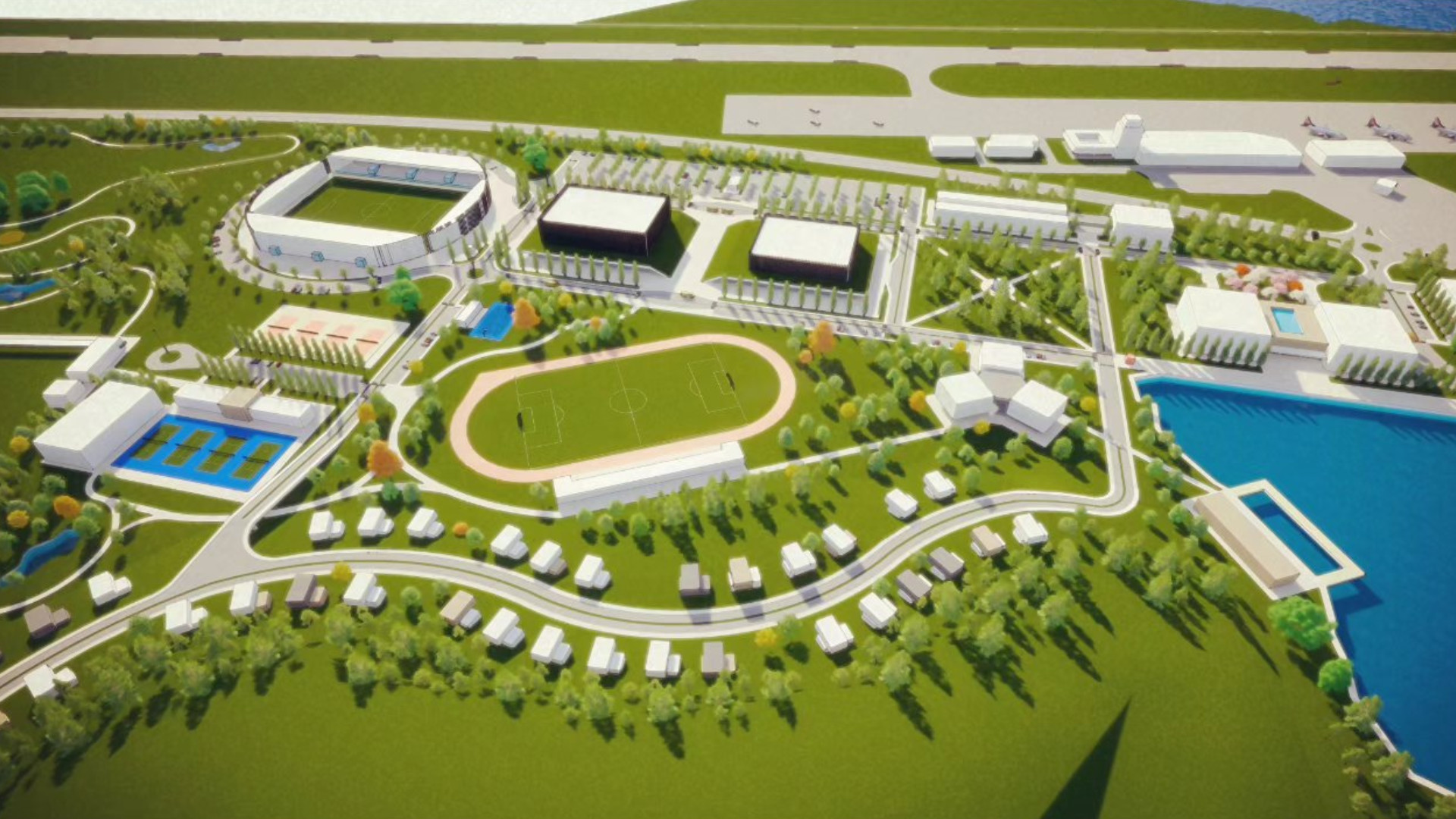 Visualisation 3D du plan masse du complexe résidentiel à Tivat, Monténégro : stade, courts de tennis, parc et villas.