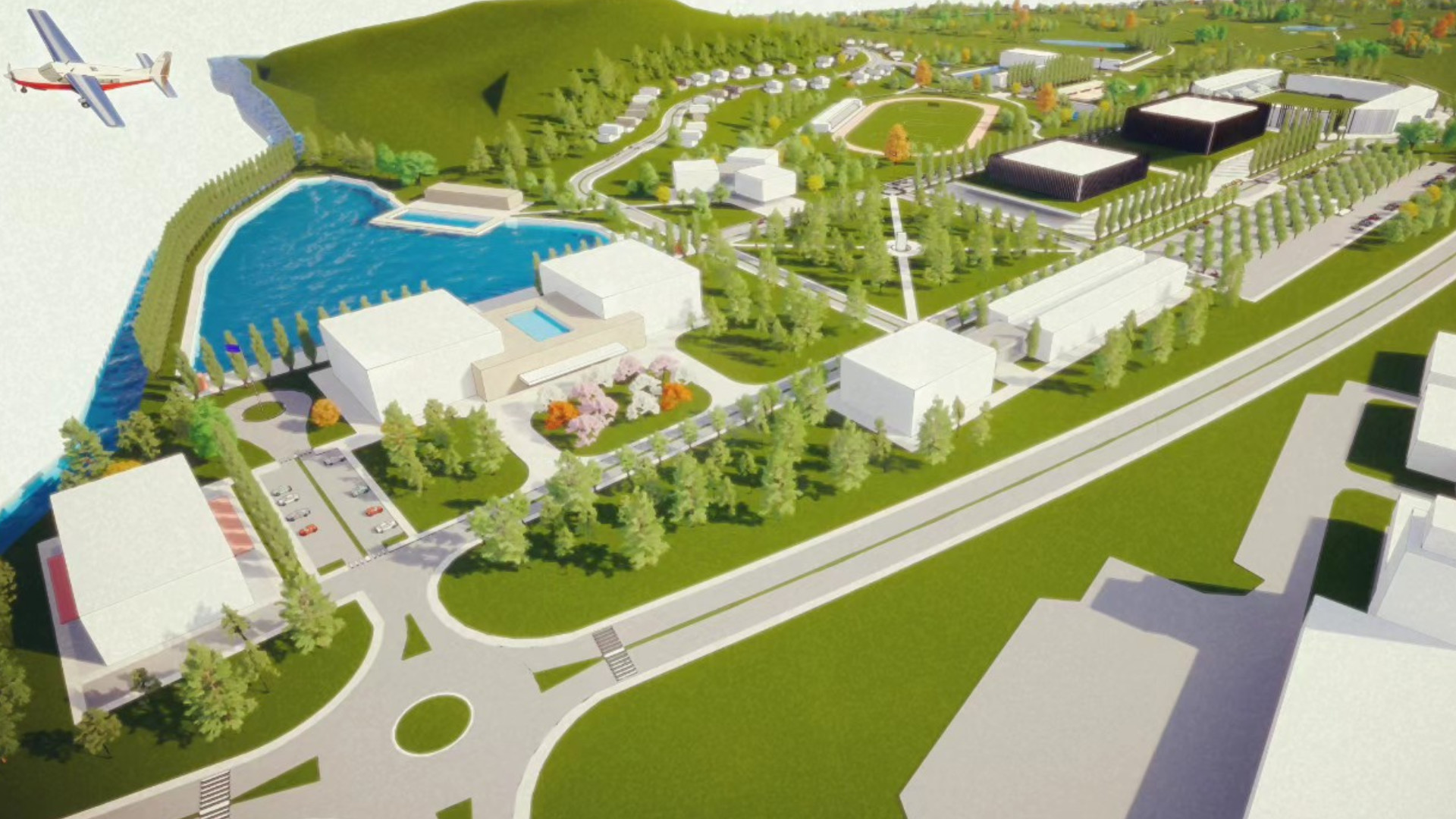 Visualisation 3D d’un complexe résidentiel à Tivat, Monténégro : parc, lac, terrains de sport et infrastructure moderne.