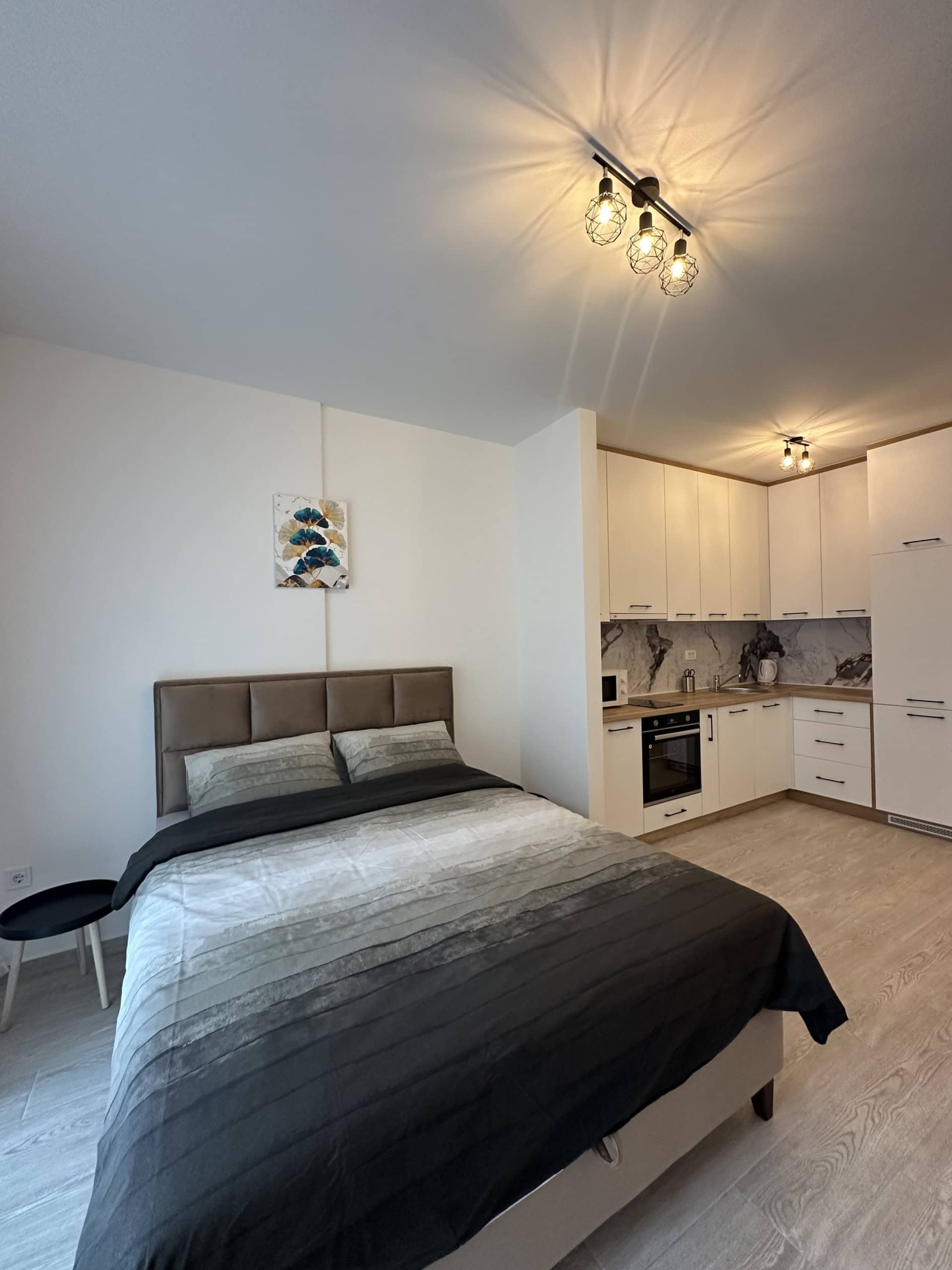 Modernes Schlafzimmer mit Küche in einer Wohnung in Bečići, Montenegro: Doppelbett, helle Möbel und stilvolle Dekoration.