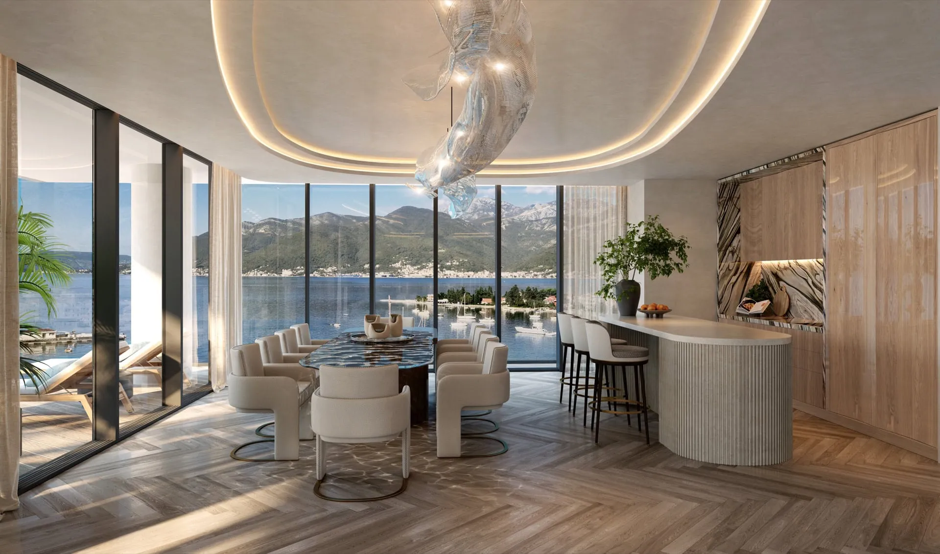 Salon design avec vue panoramique sur la mer et les montagnes dans une résidence premium, Tivat, Monténégro.