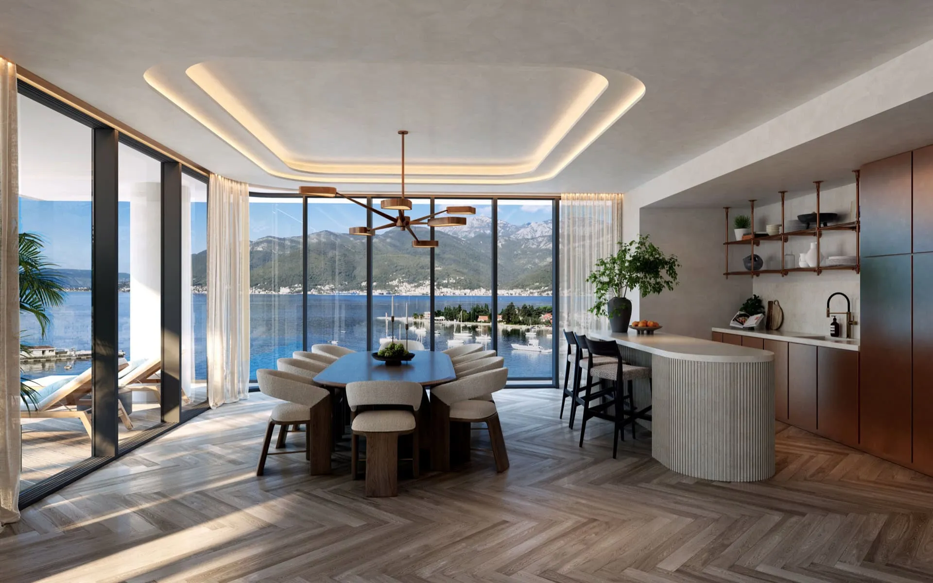 Salon moderne avec vue sur la mer et les montagnes dans une résidence premium, Tivat, Monténégro : mobilier élégant et baies vitrées panoramiques.