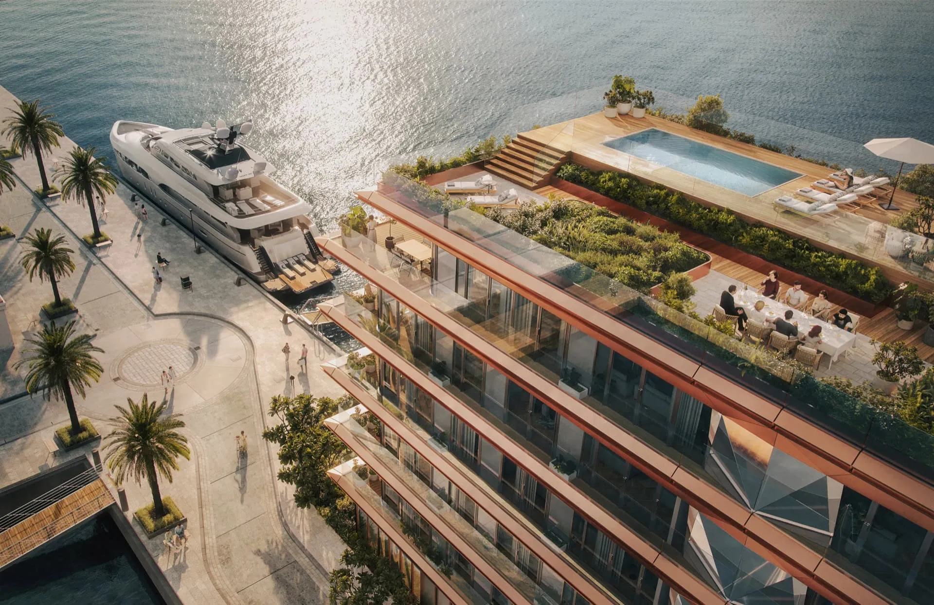 Complexe résidentiel de luxe à Tivat, Monténégro : vue aérienne sur la terrasse avec piscine, la marina et la mer