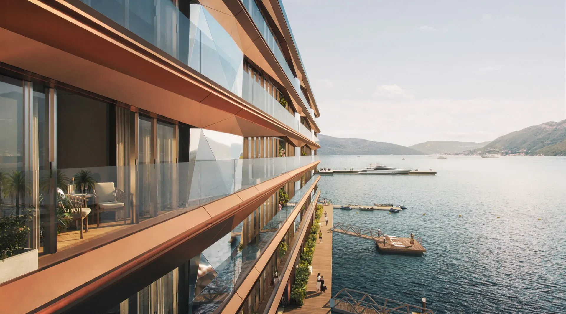 Appartements modernes avec terrasse et vue sur la mer dans un complexe premium, Tivat, Monténégro : balcon meublé au bord de la marina.