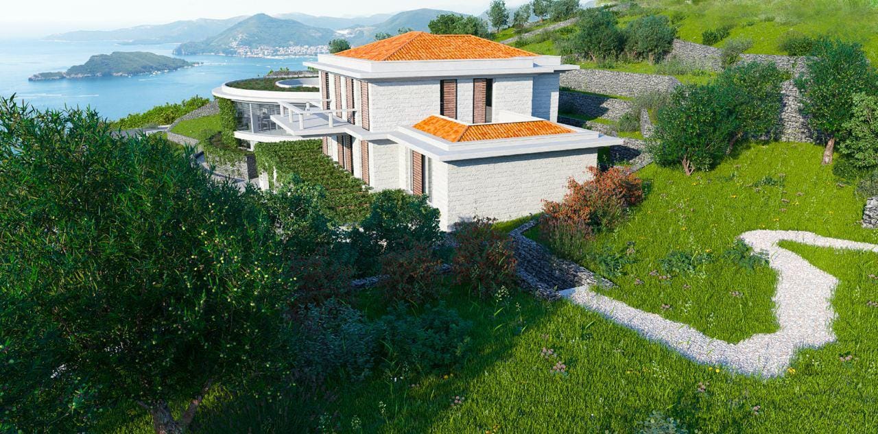 Moderne Villa mit Ziegeldach und Panoramablick auf das Meer in Blizikuće, Montenegro, auf einem grünen Grundstück.