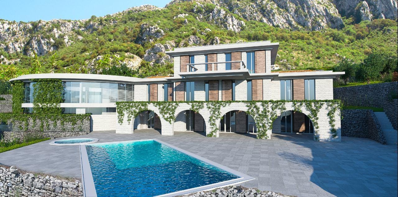 Moderne Villa mit Pool und Steinverkleidung in Blizikuće, Montenegro: Blick auf Fassade und Terrasse mit Bergen.