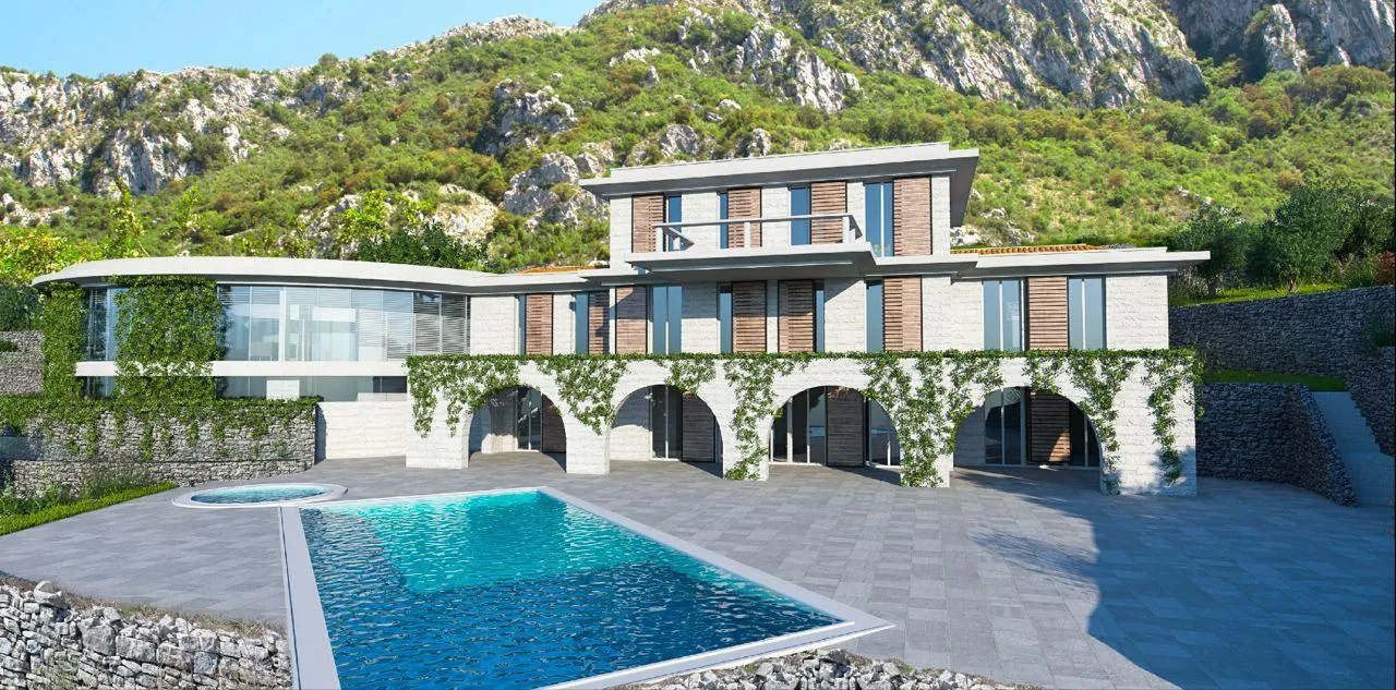 Moderna seoska vila sa bazenom u podnožju zelene planine
