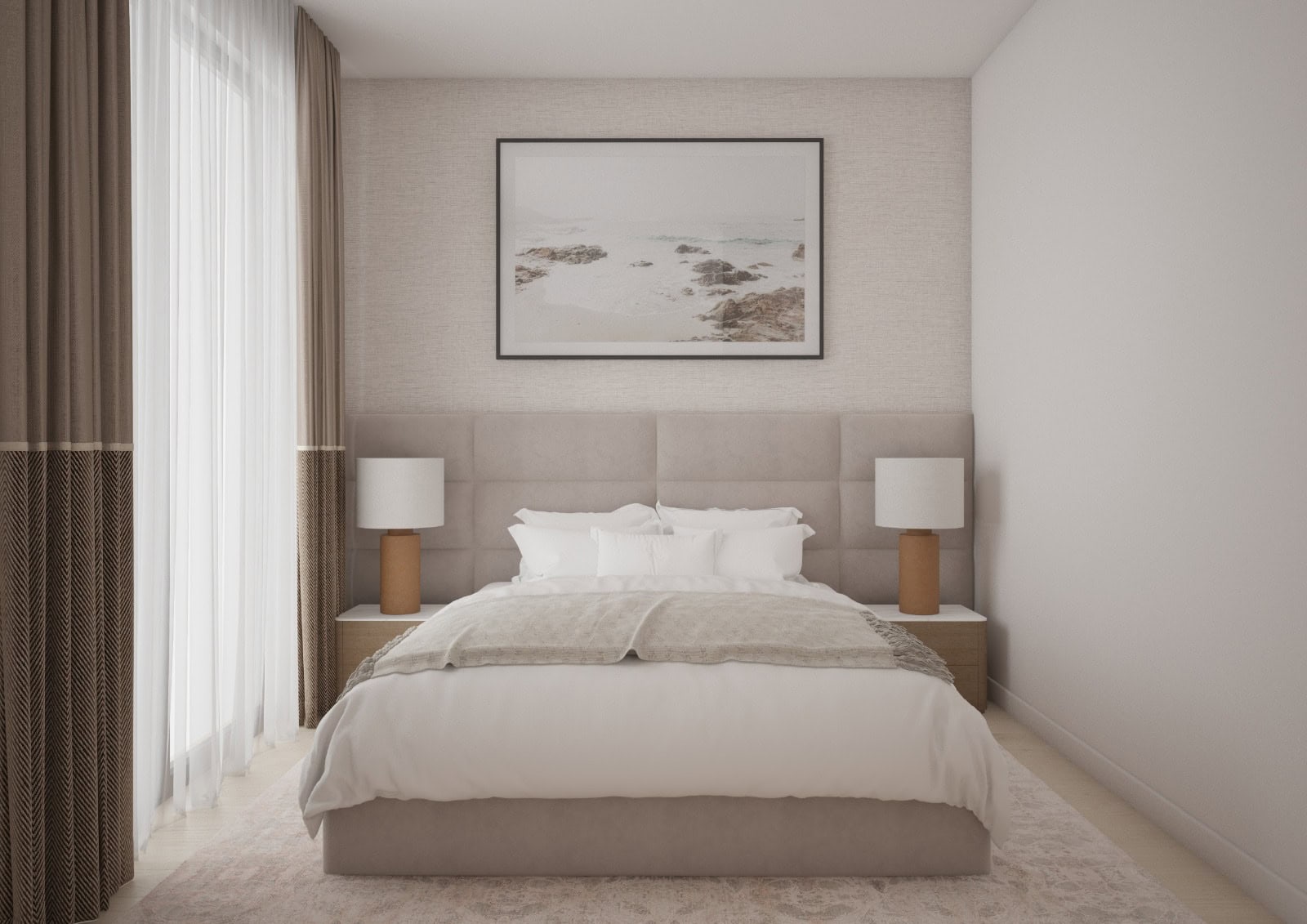 Modernes Schlafzimmer in einer Wohnung in Bečići, Montenegro: Doppelbett mit gepolstertem Kopfteil und stilvollen Nachttischlampen