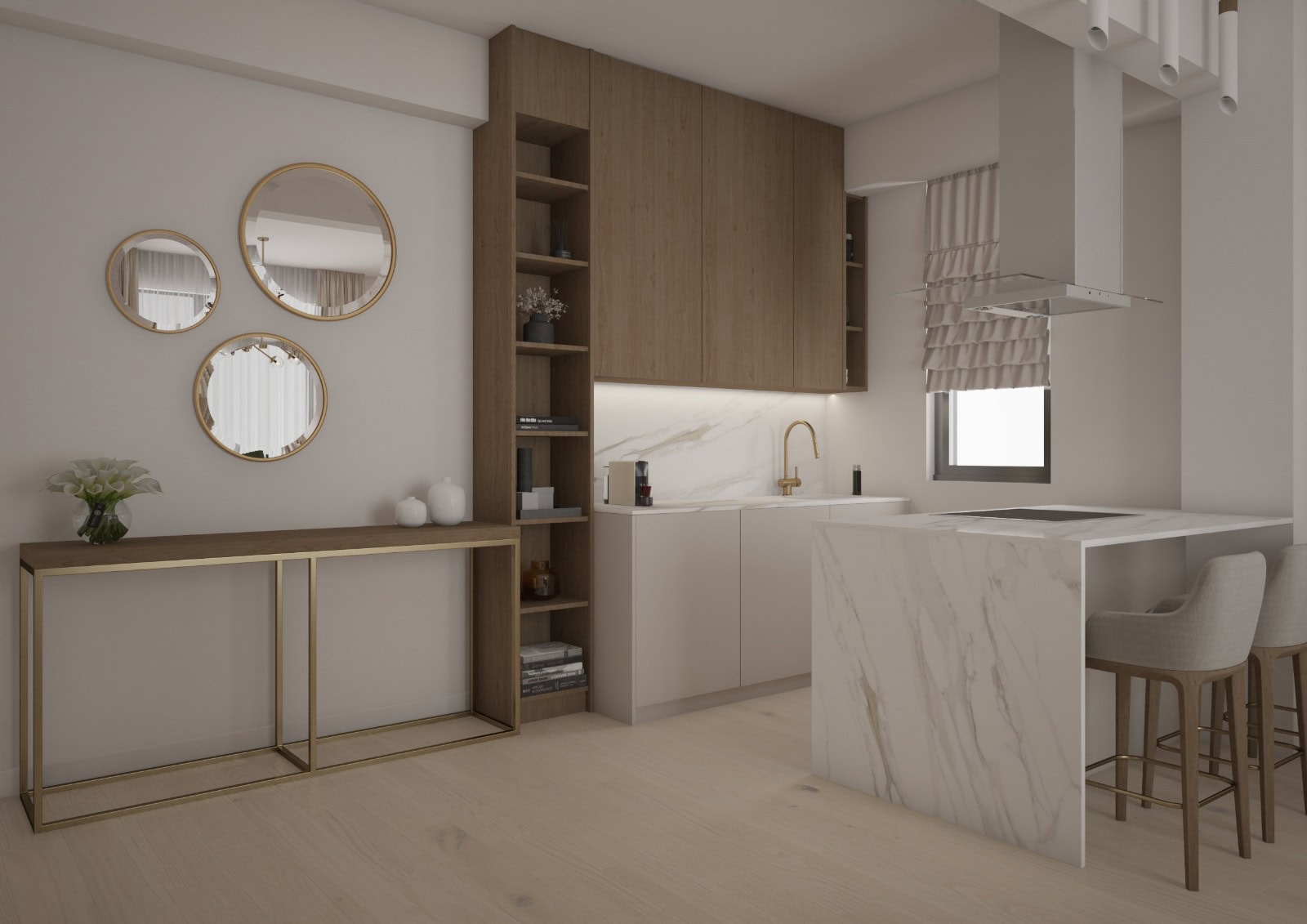Moderne Küche in einer Wohnung in Bečići, Montenegro: Marmorinsel, Holzfronten und stilvolle Dekoration mit Spiegeln.