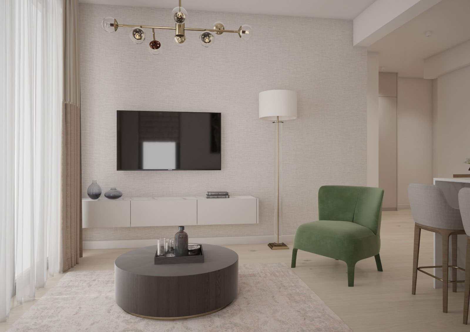 Modernes Wohnzimmer in einer Wohnung in Bečići, Montenegro: grüner Sessel, runder Tisch, TV-Bereich und Designerleuchte.