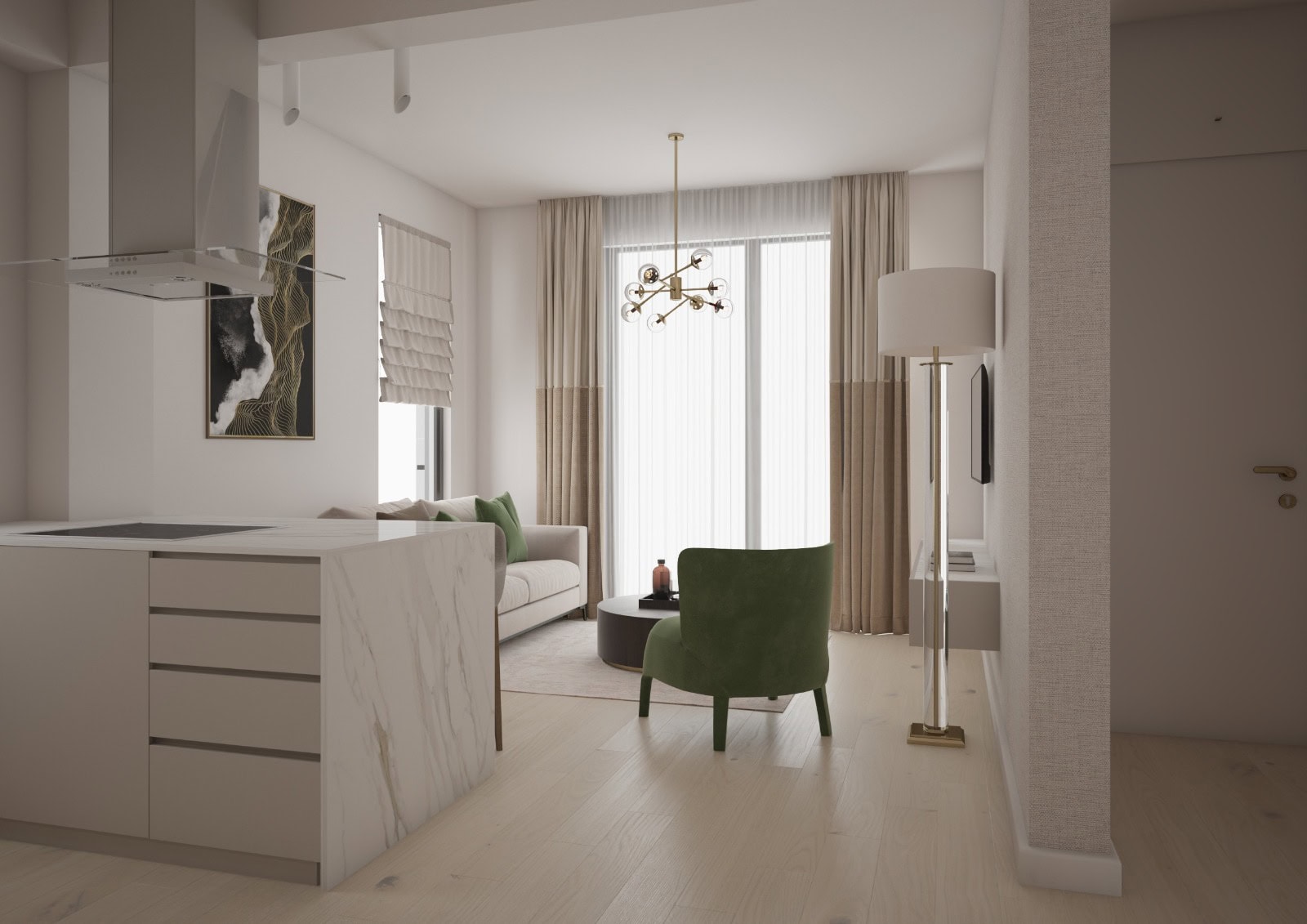 Modernes Wohnzimmer mit Küche in einer Wohnung in Bečići, Montenegro: Marmorinsel, grüner Sessel und Panoramafenster.