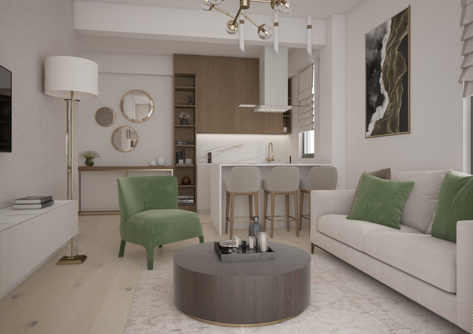 Modernes Wohnzimmer mit Küche in einer Wohnung in Bečići, Montenegro: helles Interieur, grüner Sessel und Bartheke.