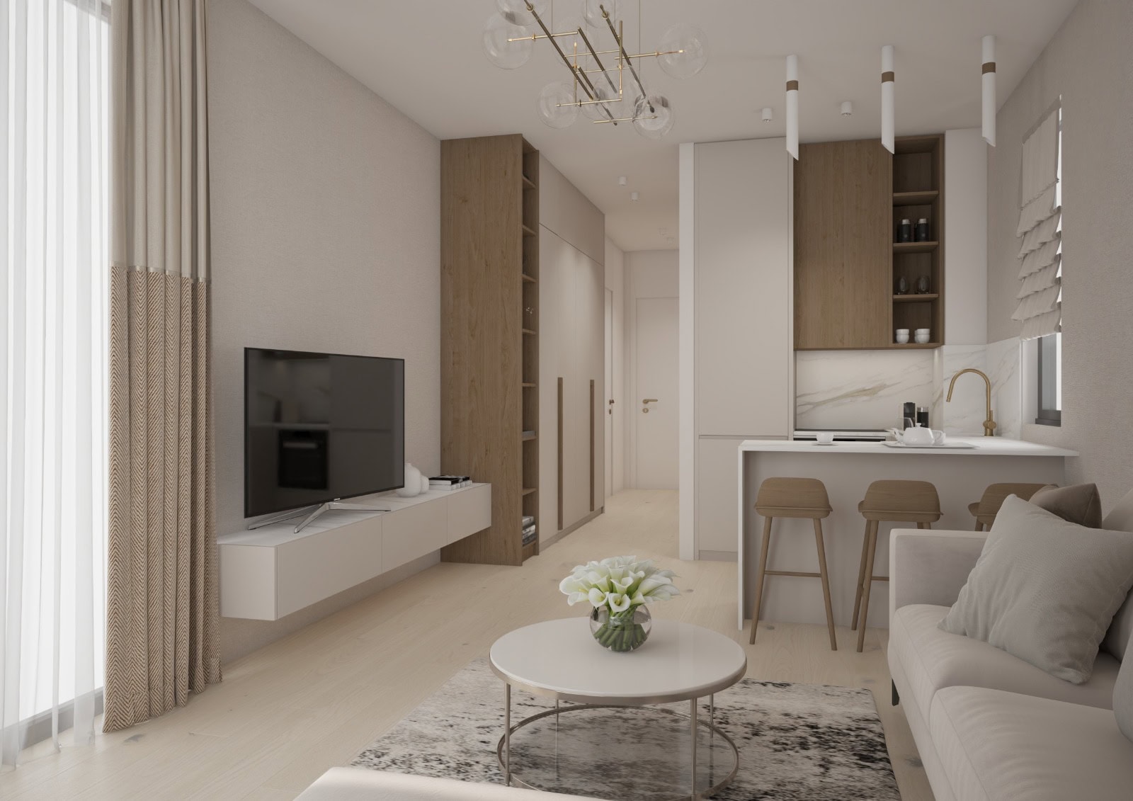 Modernes Wohnzimmer mit Küche in einer Wohnung in Bečići, Montenegro: helles Interieur, Bartheke und Designermöbel.