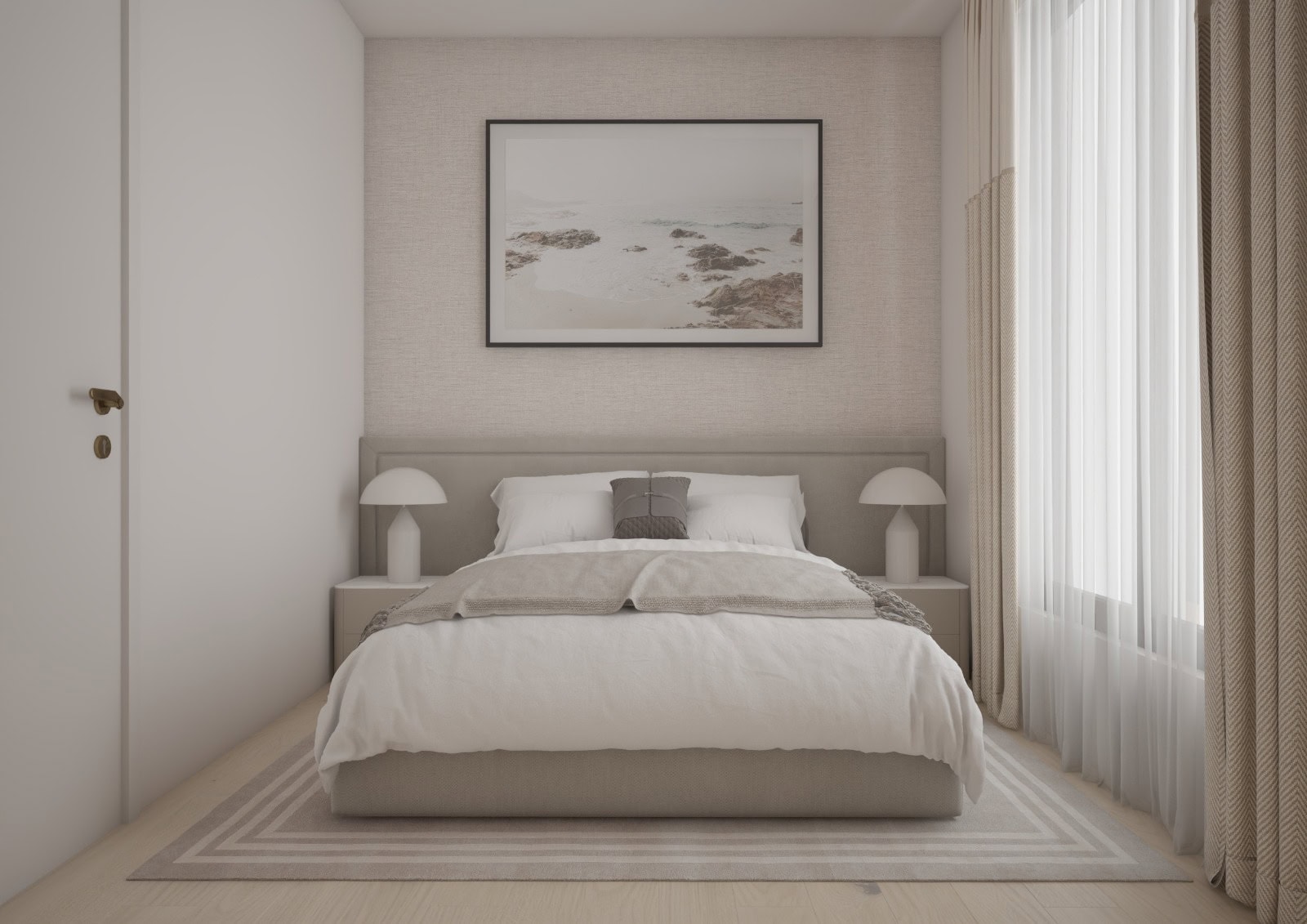 Modernes Schlafzimmer in einer Wohnung in Bečići, Montenegro: Doppelbett, beige Einrichtung und Panoramavorhänge.