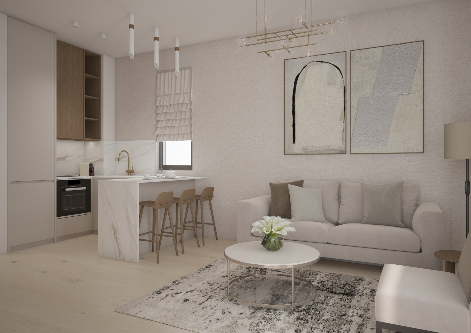Modernes Wohnzimmer mit Küche in einer Wohnung in Bečići, Montenegro: helles Interieur, Marmor-Bar und Sofa.