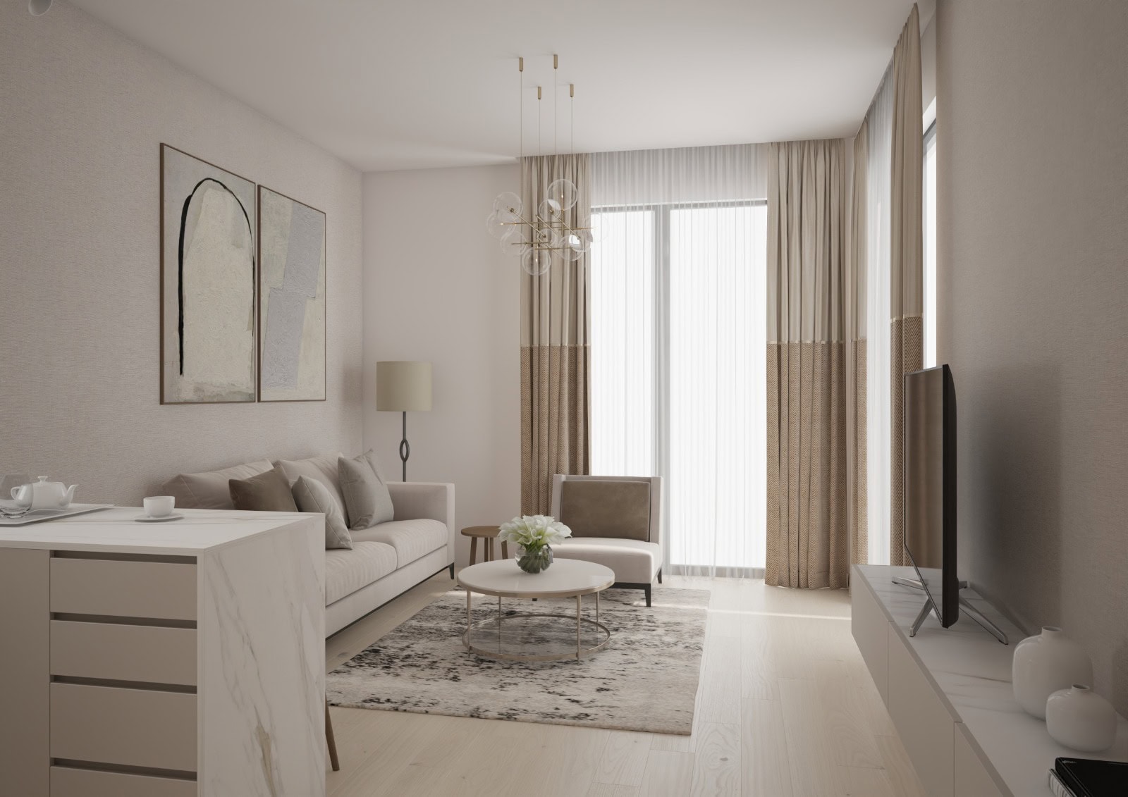 Modernes Wohnzimmer in einer Wohnung in Bečići, Montenegro: beigefarbenes Sofa, Marmorverkleidung und Panoramafenster mit Vorhängen.