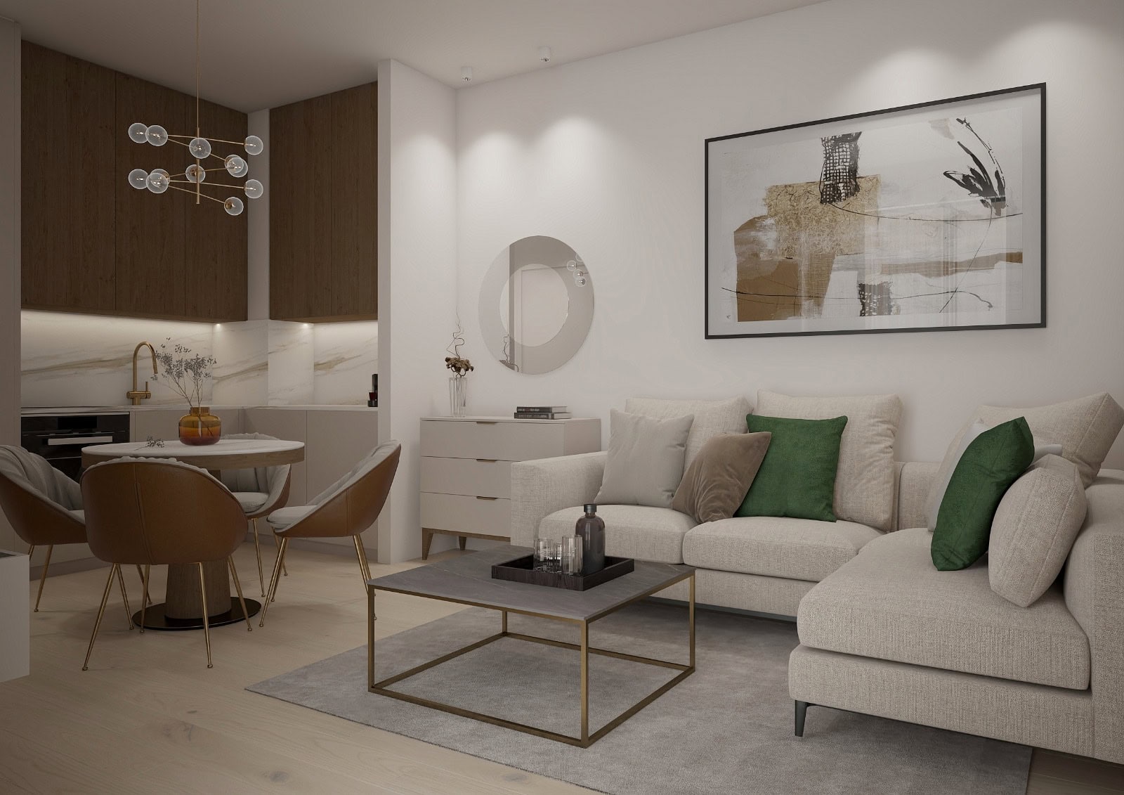 Modernes Wohnzimmer mit Küche in einer Wohnung in Bečići, Montenegro: helles Sofa, Essbereich und stilvolles Interieur.