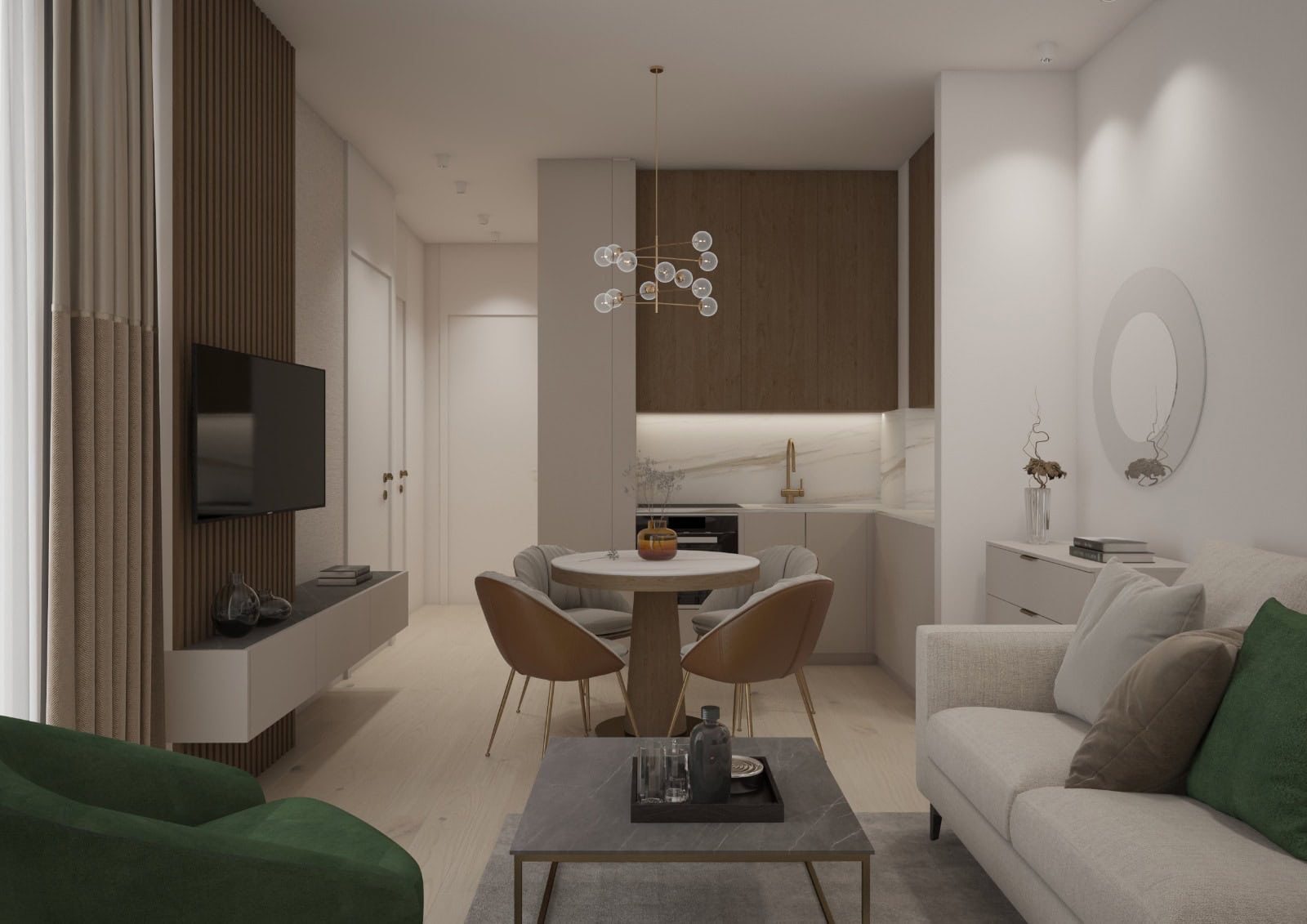 Modernes Wohnzimmer mit Küche in einer Wohnung in Bečići, Montenegro: stilvolles Interieur, Essbereich und Polstermöbel.
