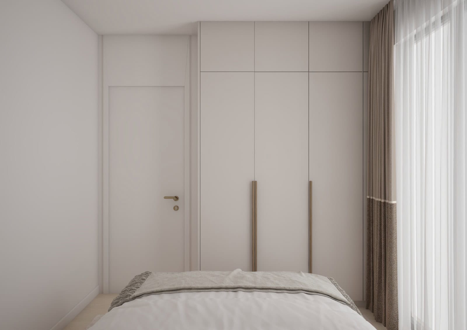 Modernes Schlafzimmer in einer Wohnung, Bečići, Montenegro: Einbauschrank, helle Ausstattung und Panoramafenster mit Vorhängen.