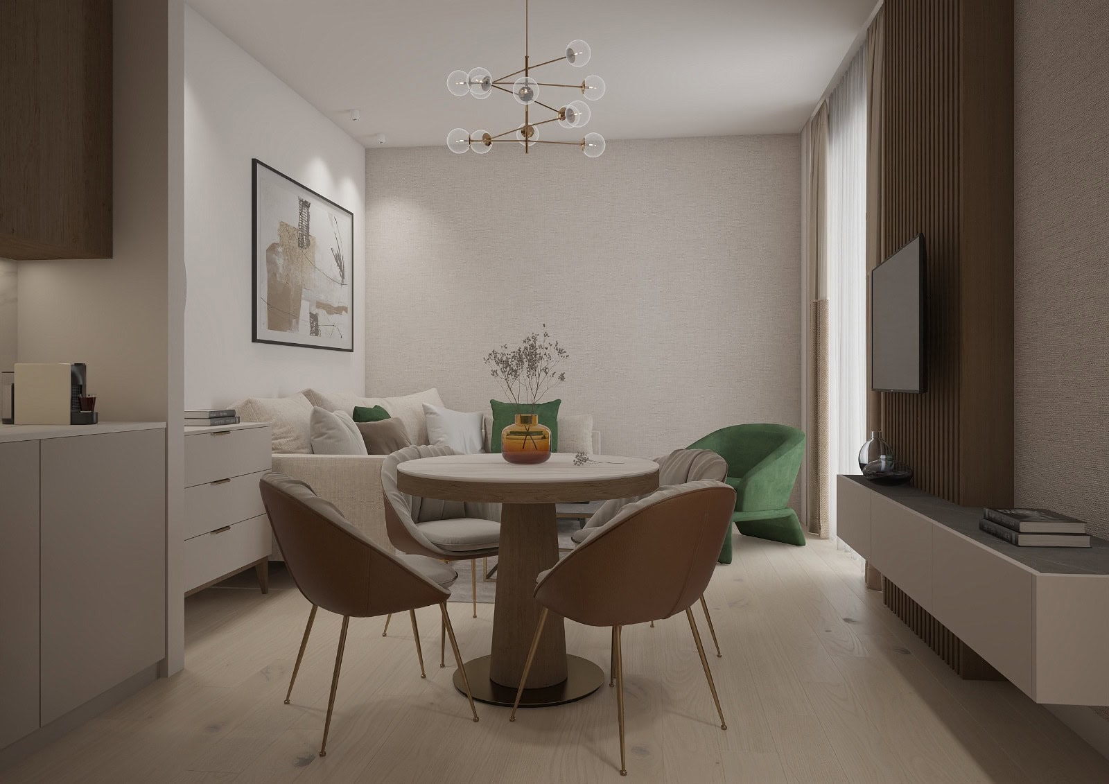 Modernes Wohnzimmer mit Essbereich in einer Wohnung in Bečići, Montenegro: stilvolle Möbel, Designerbeleuchtung und Dekor.