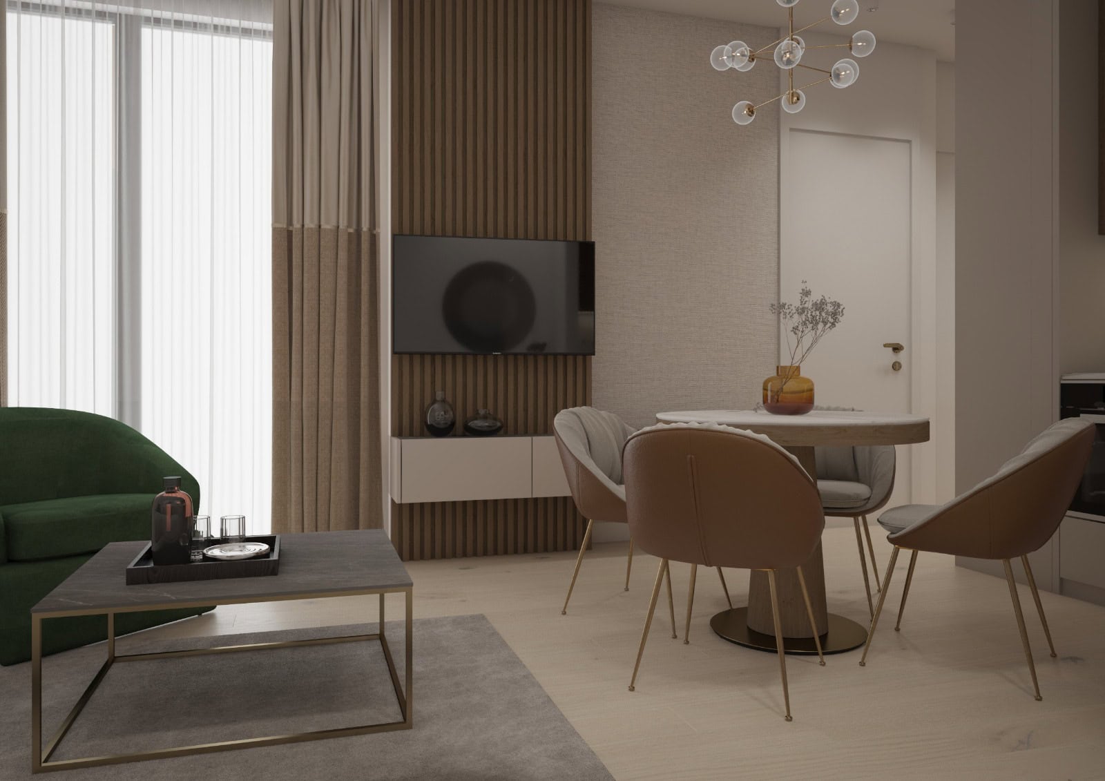 Modernes Wohnzimmer in einer Wohnung in Bečići, Montenegro: Essbereich, Designermöbel und Lamellenverkleidung.