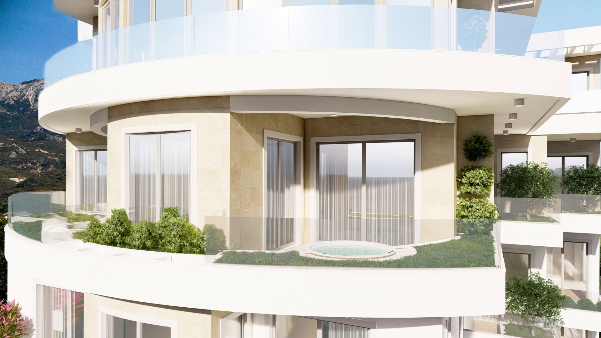 Terrasse der Wohnung in Bečići, Montenegro: Panoramafenster, Whirlpool, Grünpflanzen und Bergblick.