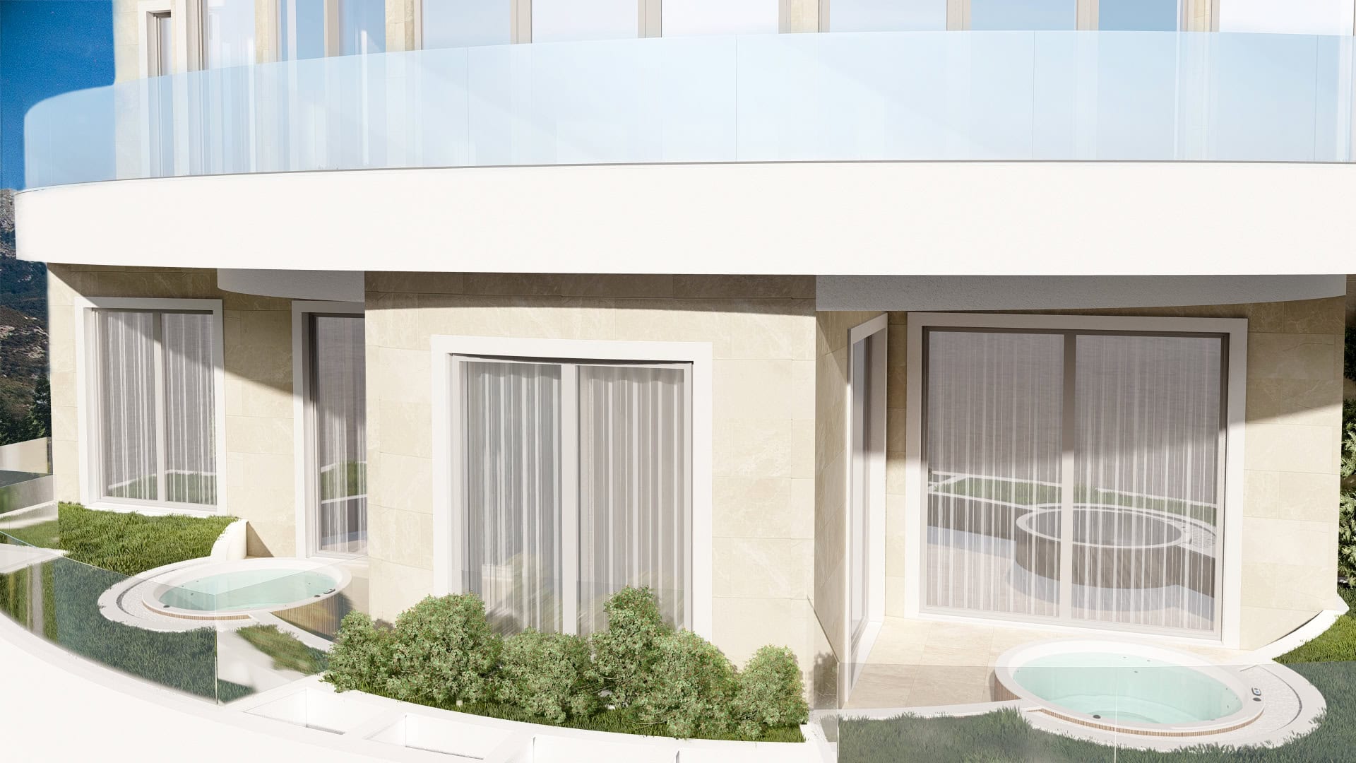 Terrasse einer Luxuswohnung in Bečići, Montenegro, mit privatem Jacuzzi, Panoramaverglasung und moderner Ausstattung.