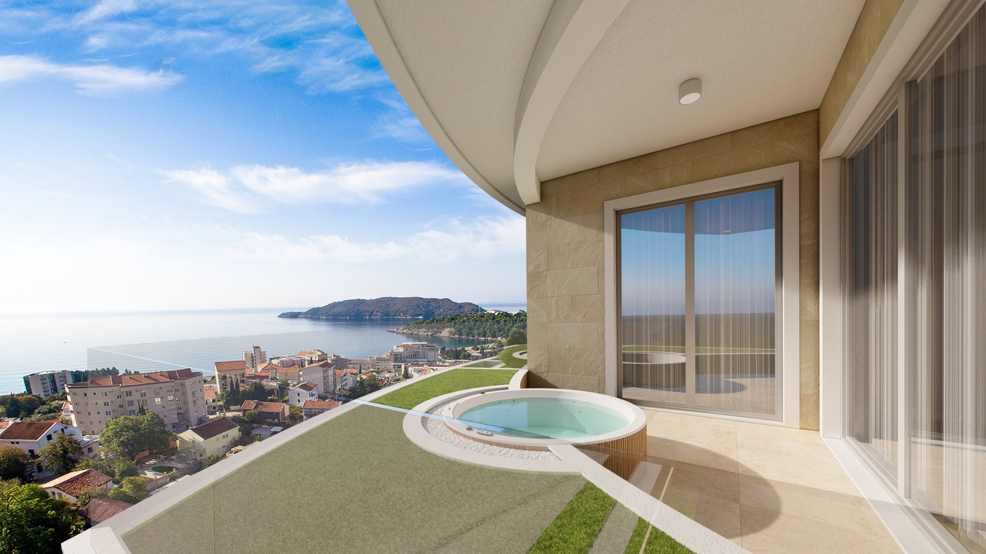 Terrasse mit Whirlpool und Panoramablick auf das Meer in einer exklusiven Wohnung in Bečići, Montenegro. Moderne Balkonverkleidung.