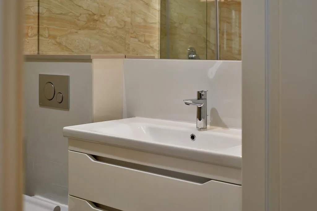 White sink with chrome faucet, vanity cabinet, and flush control panel visible on the wall.