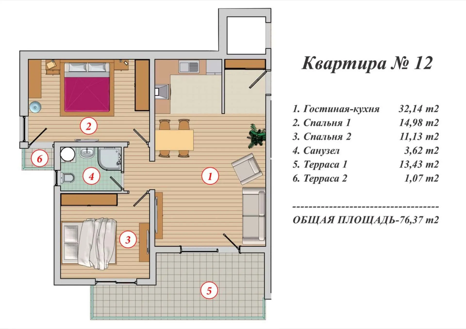 Grundriss einer 76 m² großen Wohnung in Budva, Montenegro: Wohnküche, zwei Schlafzimmer, Bad und zwei Terrassen.