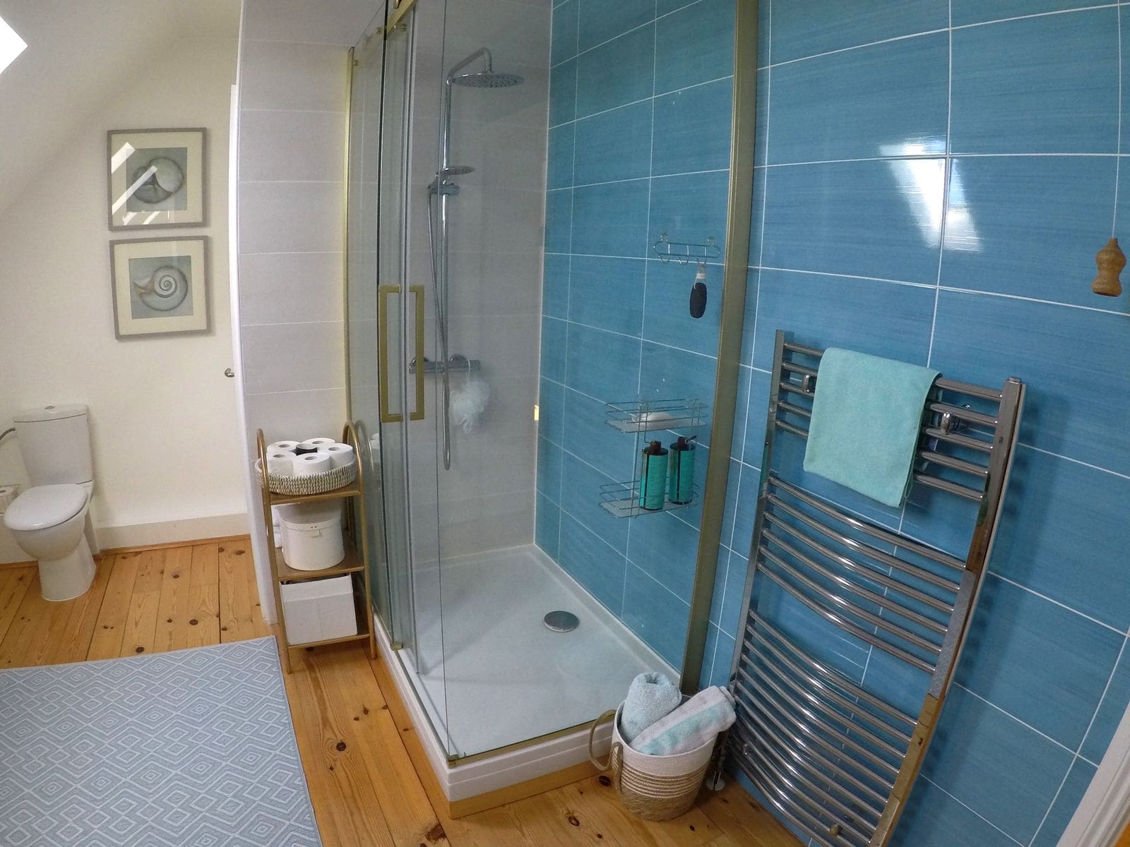 Kırımovitsa, Karadağ’daki evde duş kabini ve mavi fayanslı banyo: modern sıhhi tesisat ve dekor.