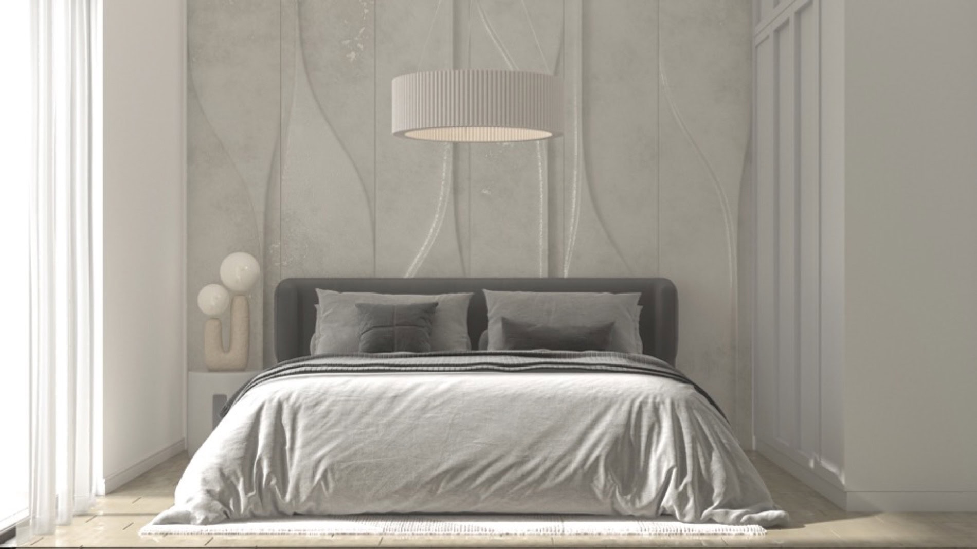 Nowoczesna sypialnia z designerską ścianą w kompleksie w Muo, Czarnogóra: łóżko dwuosobowe, stylowa lampa i dekoracje.