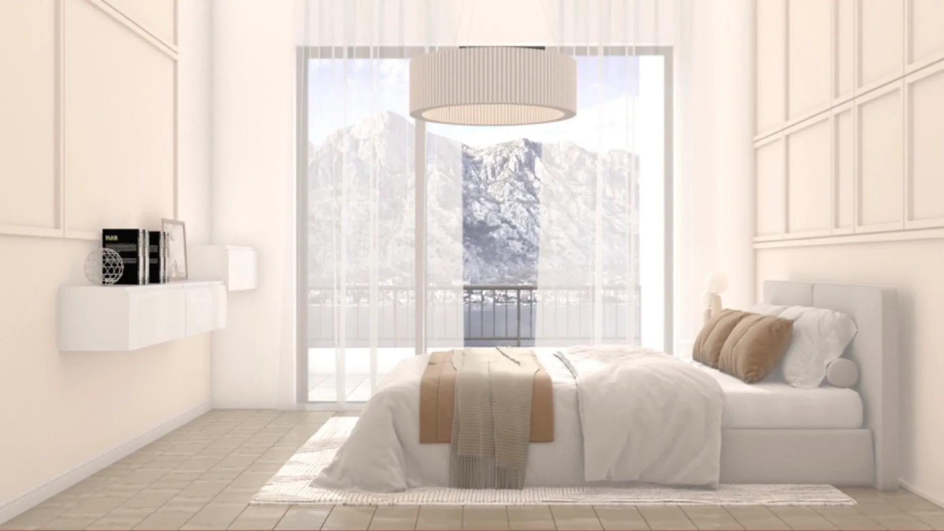 Bright bedroom with a double bed, floating shelf, and large window offering a scenic mountain view.