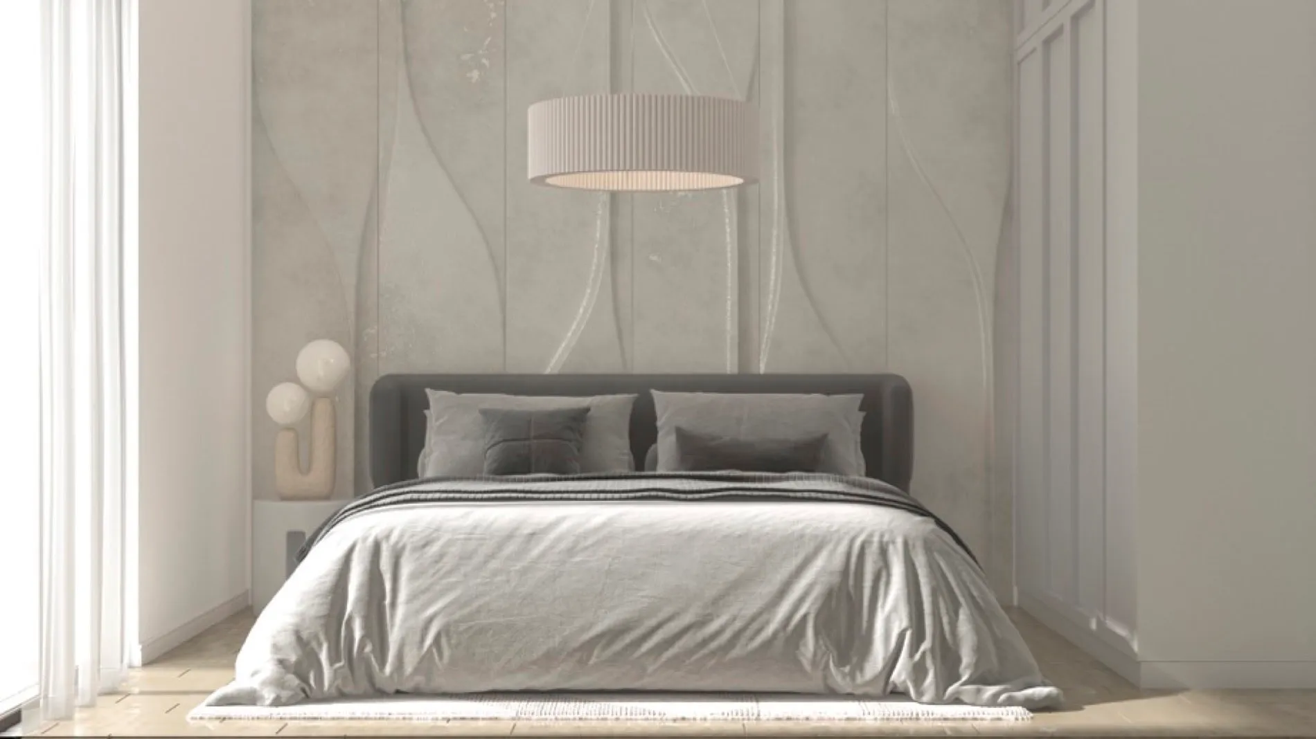 Modern bedroom featuring a grey bed, drum pendant light, and textured accent wall.
