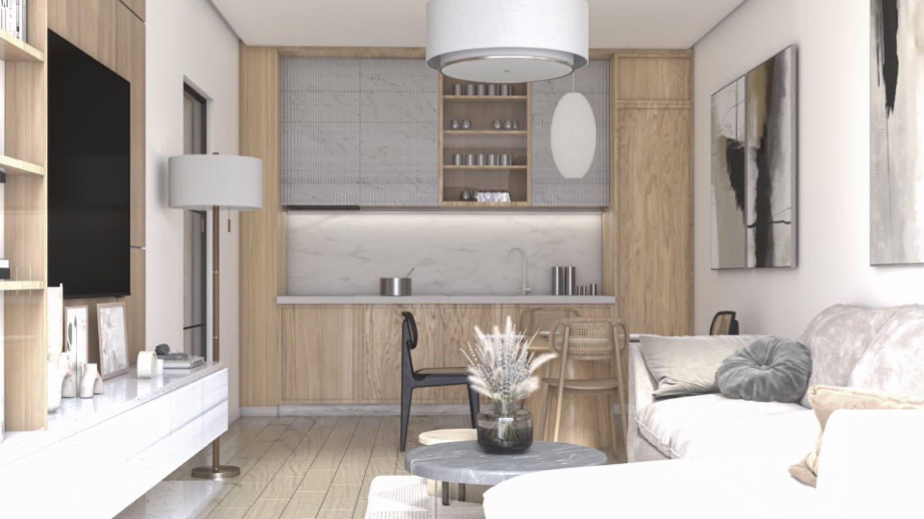 Nowoczesny salon z kuchnią w jasnych tonach w ЖК Muo, Czarnogóra: drewniane wykończenie, miękka sofa i stylowy wystrój.