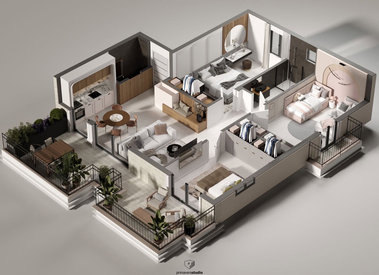 3D-plan nowoczesnego mieszkania w Dobrocie, Czarnogóra: trzy sypialnie, salon, kuchnia i taras z meblami.
