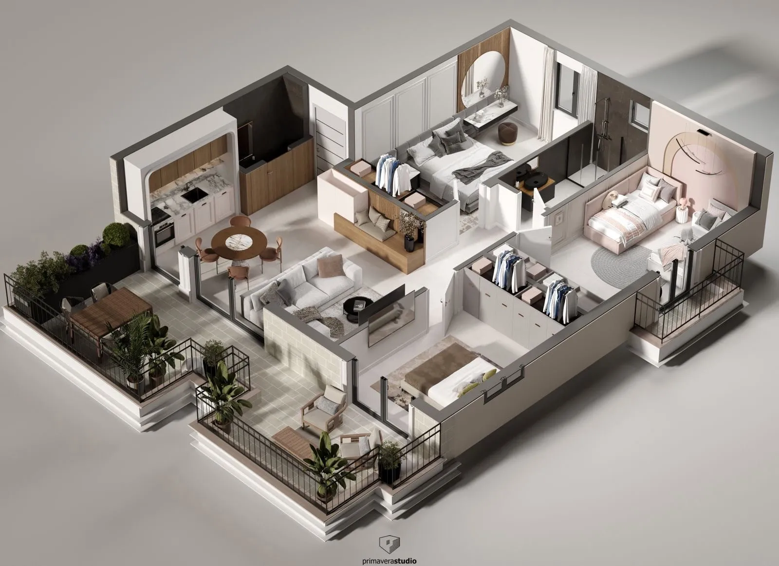 3D-планировка современной квартиры в Доброте, Черногория: три спальни, гостиная, кухня и терраса с мебелью.