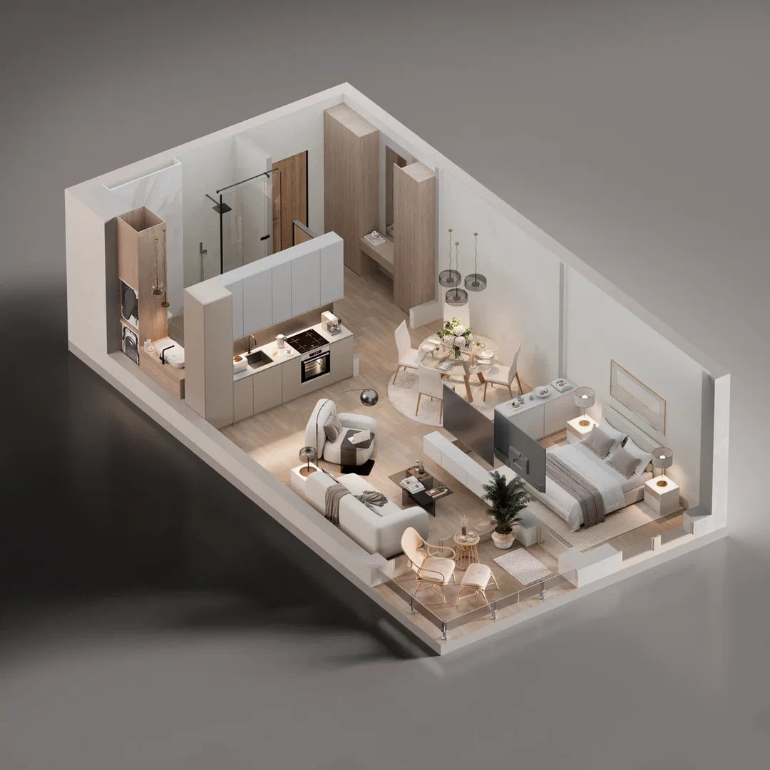 Isometrisches 3D-Rendering einer offenen Wohnung mit Küche, Wohnbereich, Schlafzimmer und Badezimmer.