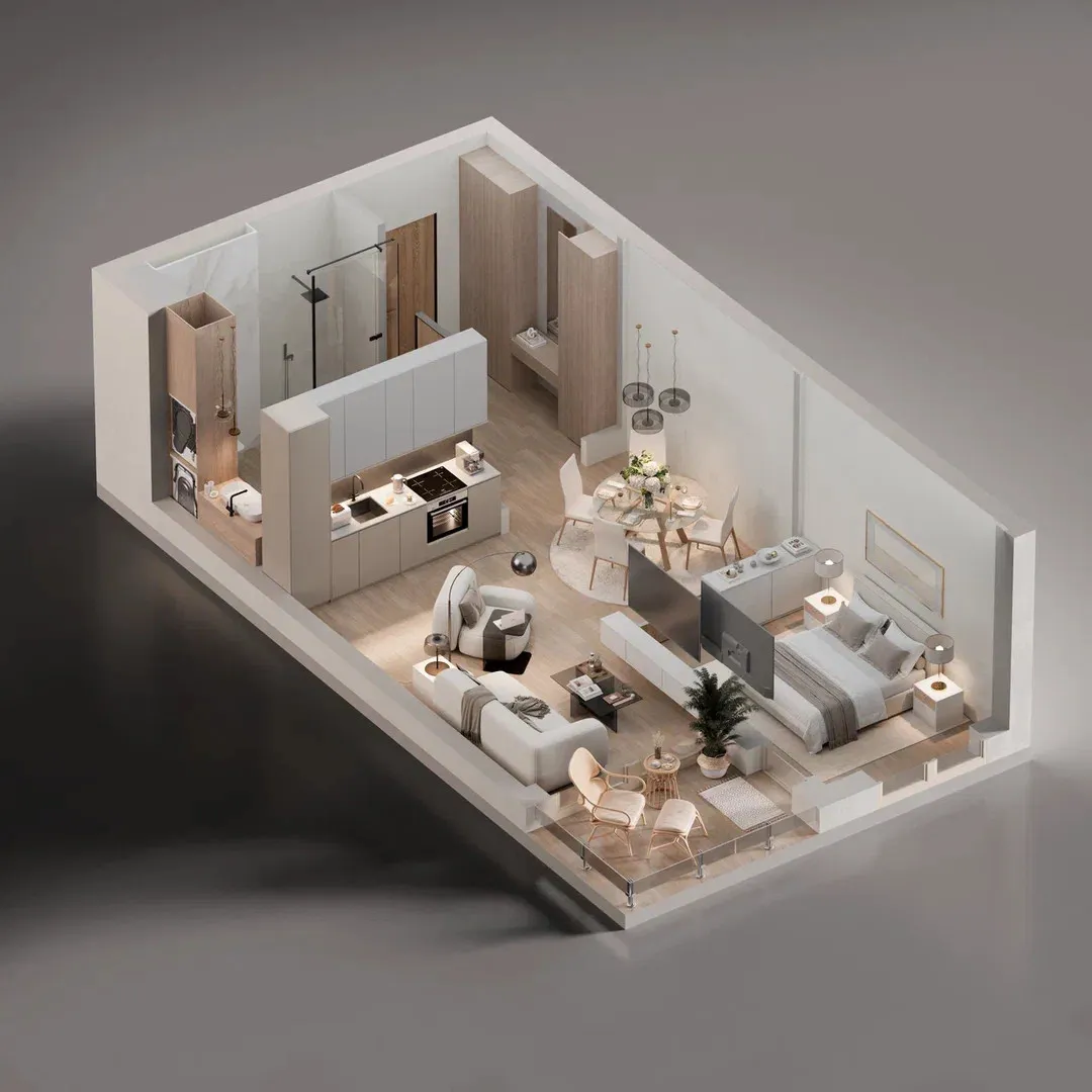 Isometrisches 3D-Rendering einer offenen Wohnung mit Küche, Wohnbereich, Schlafzimmer und Badezimmer.