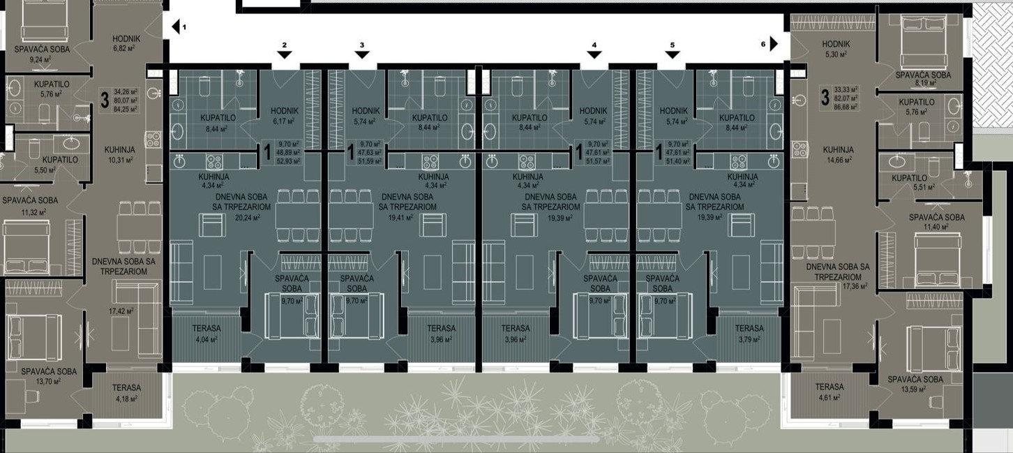 Architektonischer Grundriss eines Wohngebäudes mit mehreren Wohnungen.