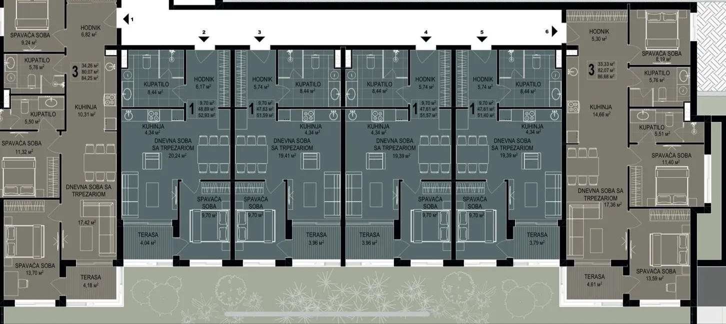 Architektonischer Grundriss eines Wohngebäudes mit mehreren Wohnungen.