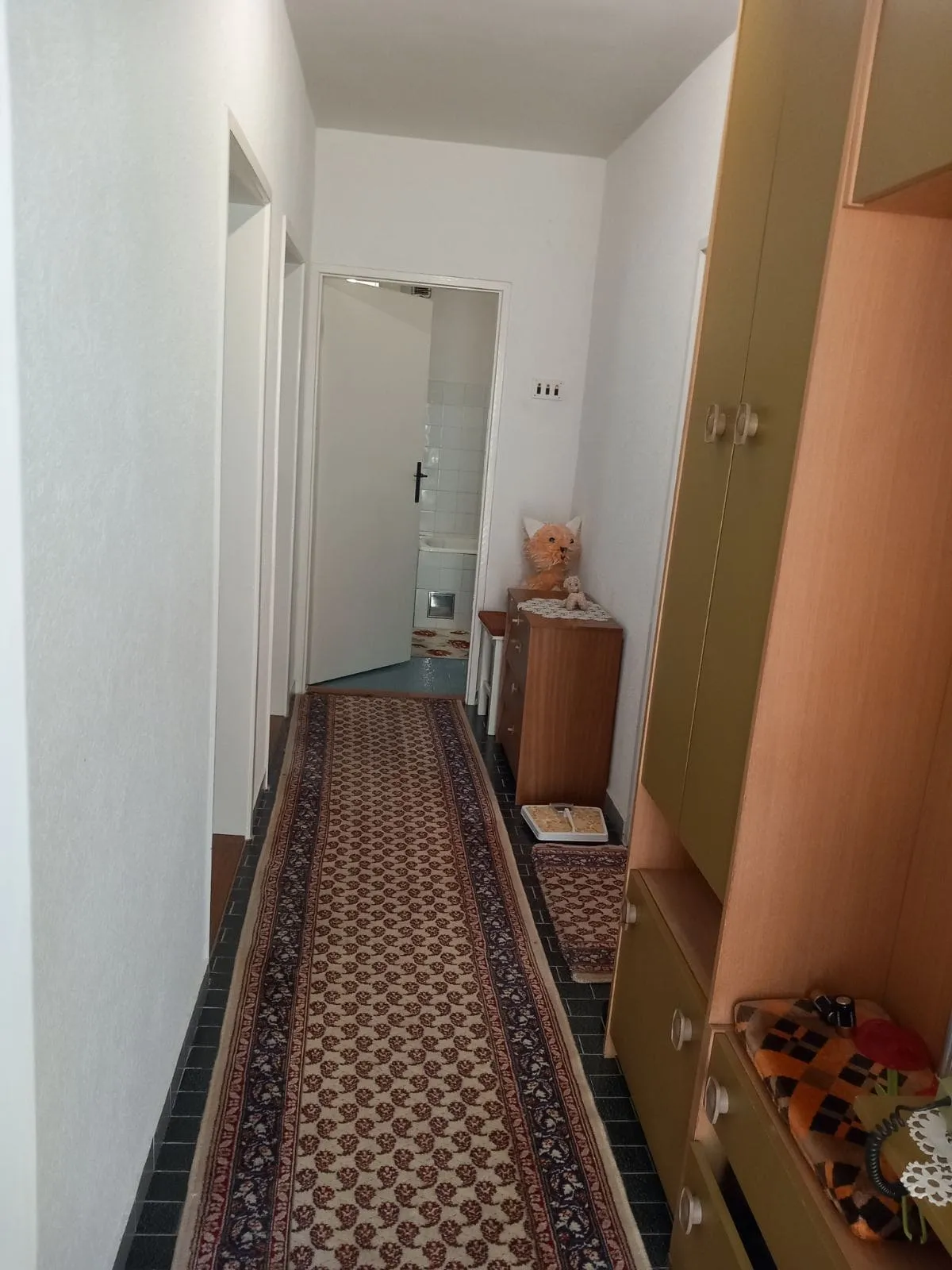 Flur mit Läufer und Möbeln in einem Haus zum Verkauf in Igalo, Montenegro, Blick auf das Badezimmer.